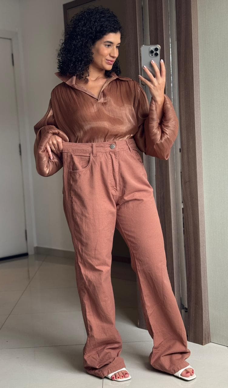 Calça Wide Leg Marrom 100% Algodão - Zoe One