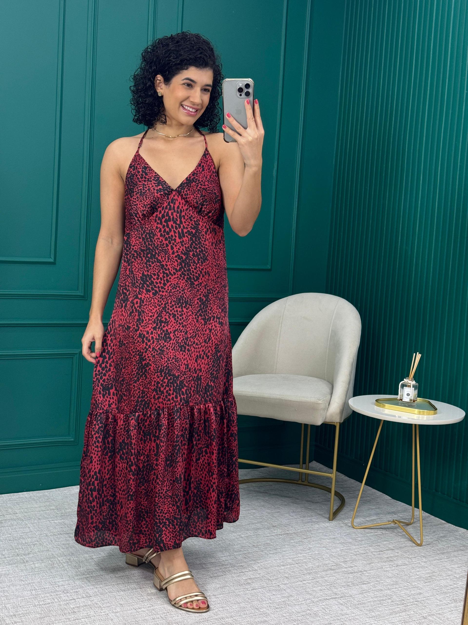 Vestido Midi Acetinado Vermelho Animal Print - Zinzane