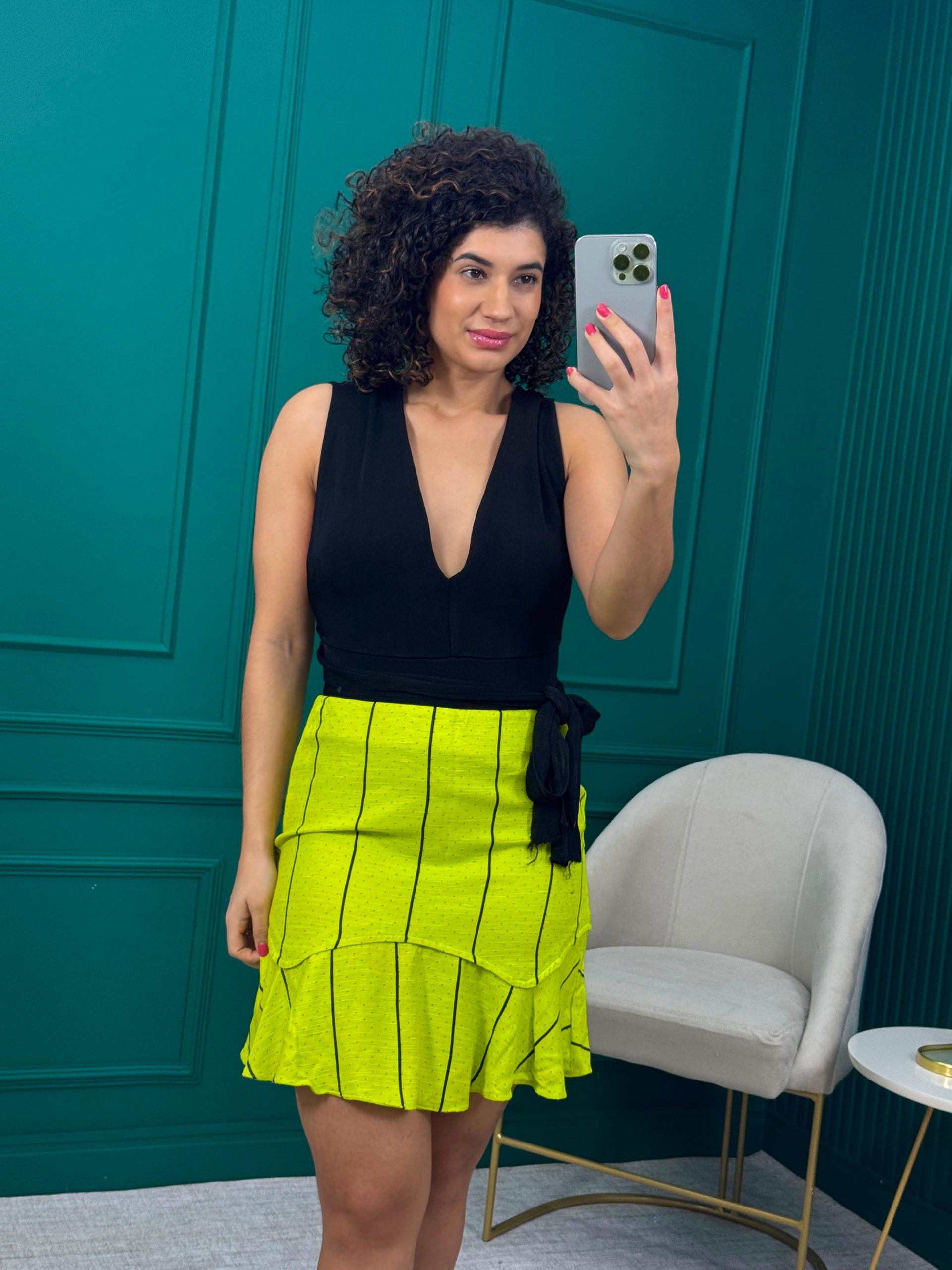 Saia Peplum Verde Lima com Estampa de Poá e Listras - Linda de Morrer