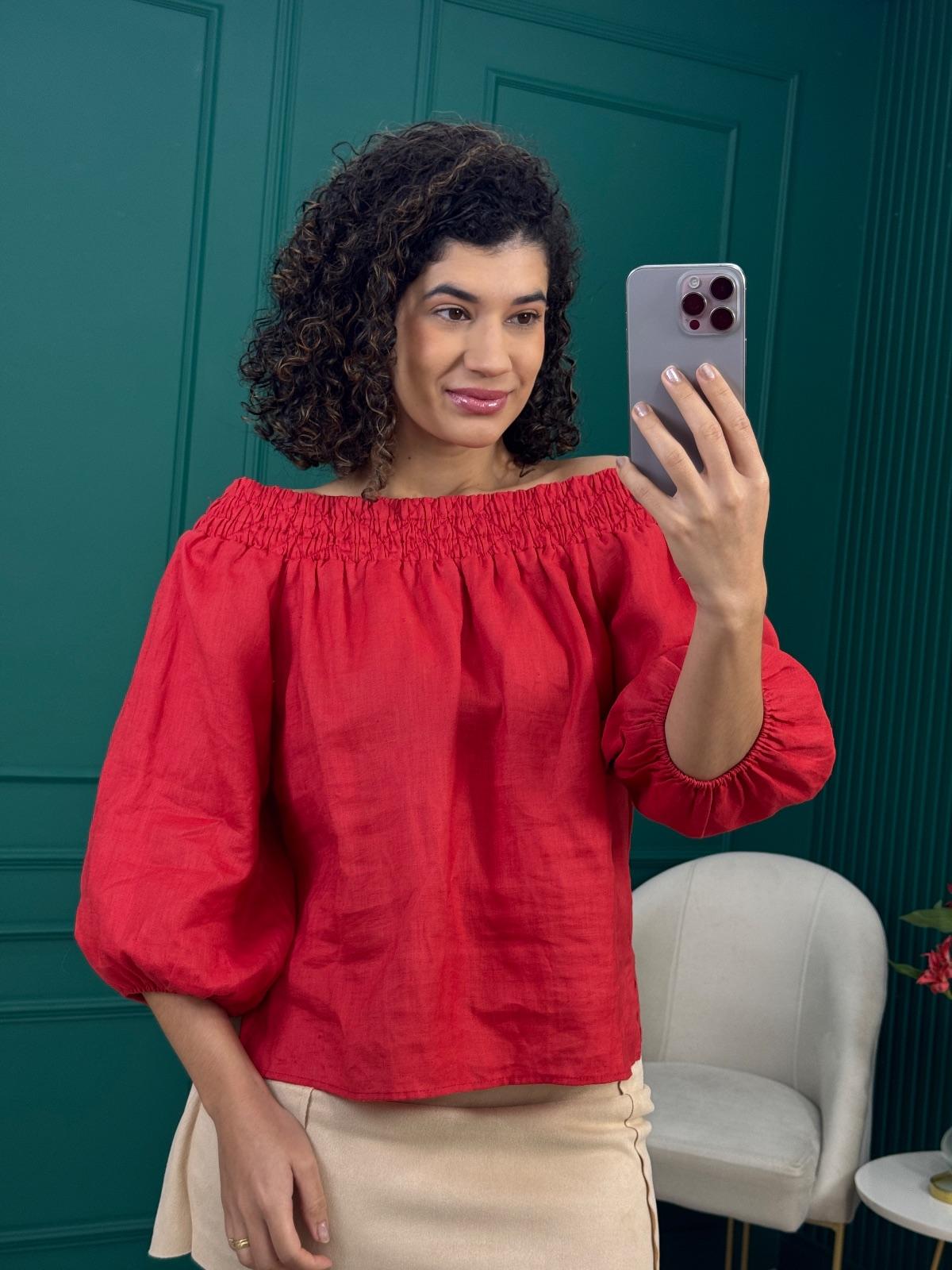 Blusa Ombro a Ombro Terracota 100% Linho com Manga Bufante - Le Lis Blanc