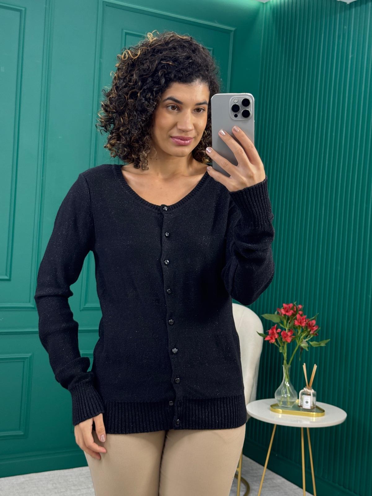 Cardigan de Tricô Preto com Lurex e Botões Frontais