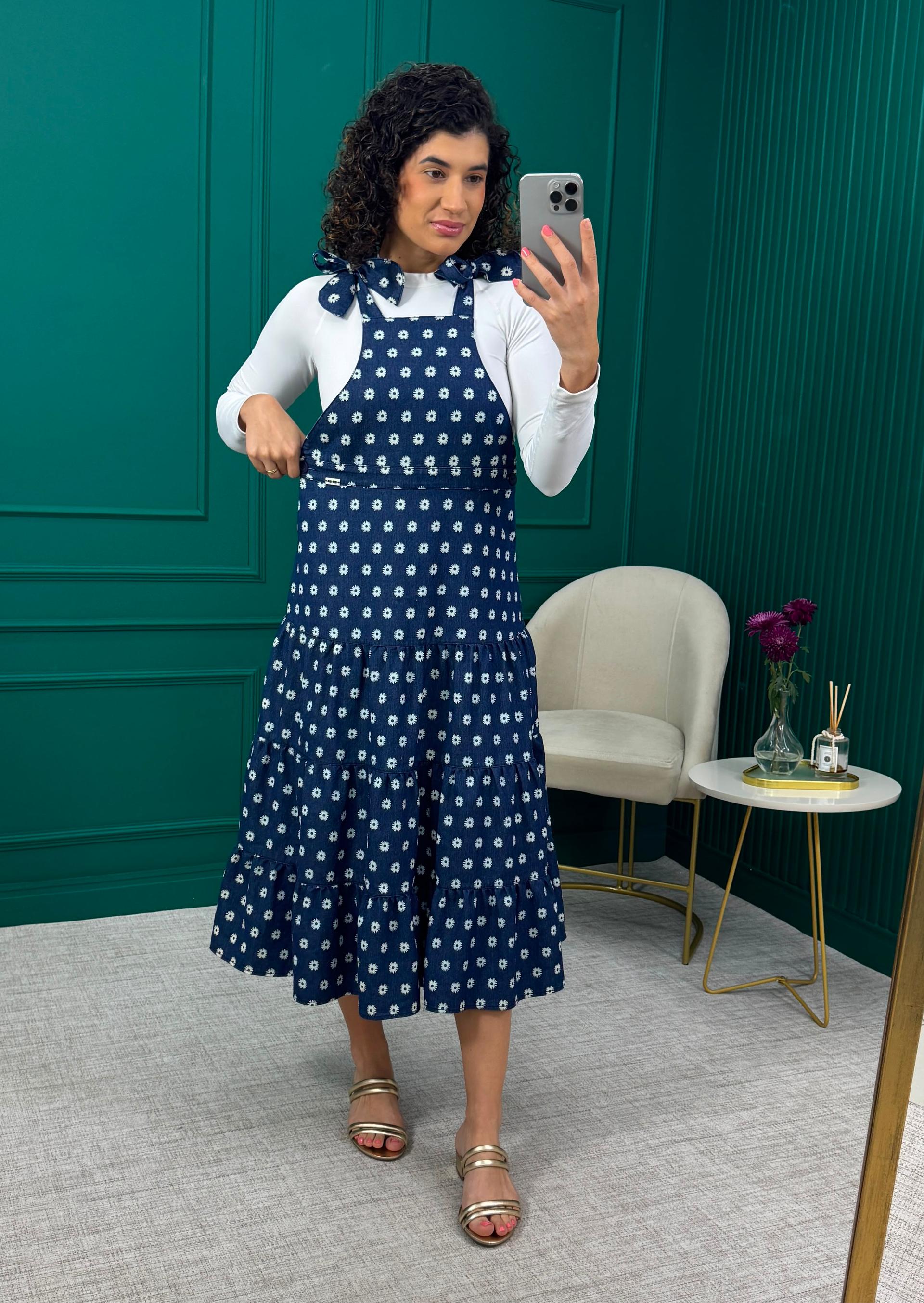 Vestido Salopete Azul Marinho Estampa Floral com Alças de Amarrar - Camú Camú