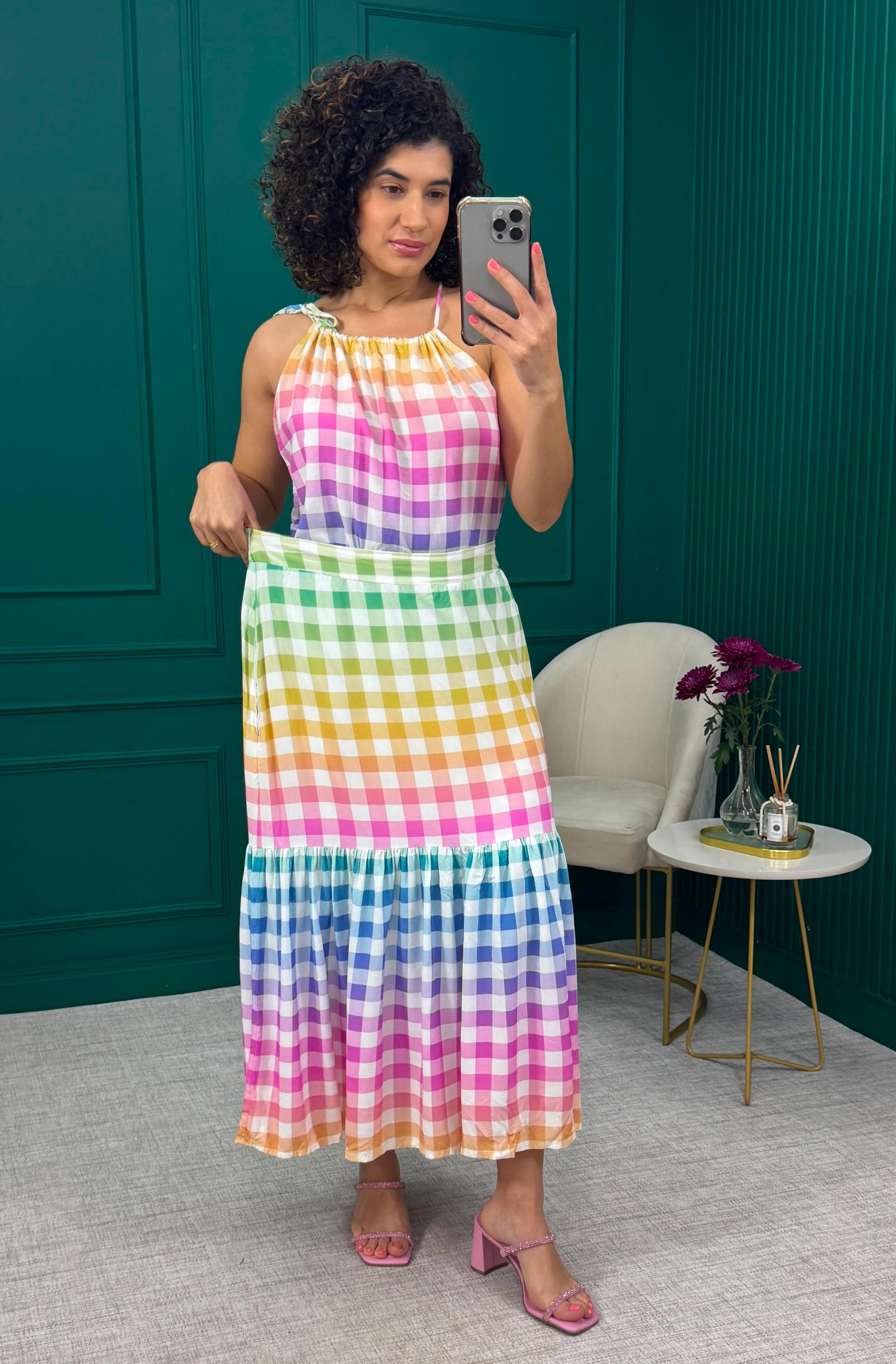 Conjunto de Blusa e Saia em Viscose Xadrez Vichy Multicolor - Linda de Morrer