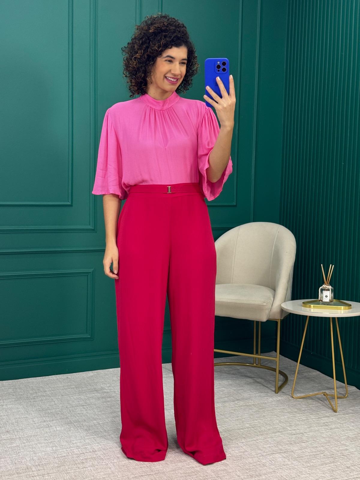 Calça Pantalona Cereja 100% Viscose com Cinto Elástico no Cós - Patrícia Foster