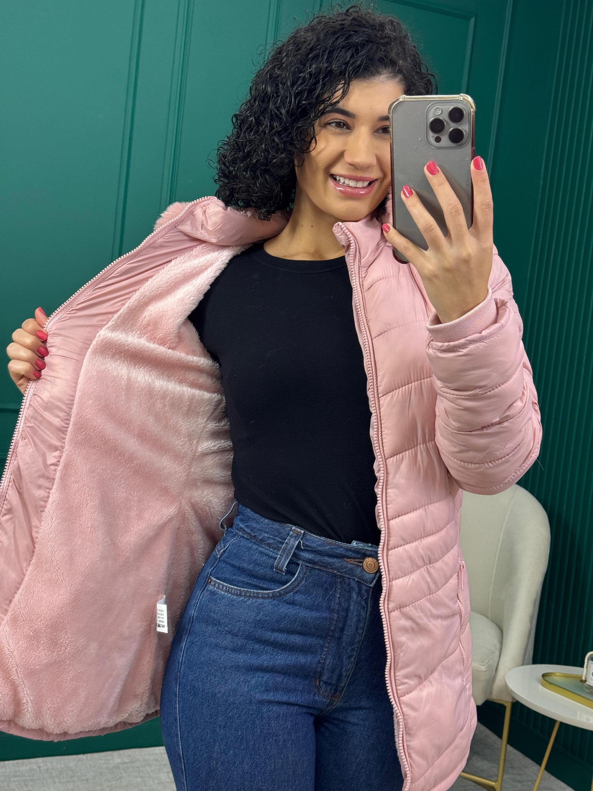 Jaqueta Puffer Alongada Rosa Peluciada com Capuz Removível - HIATTO