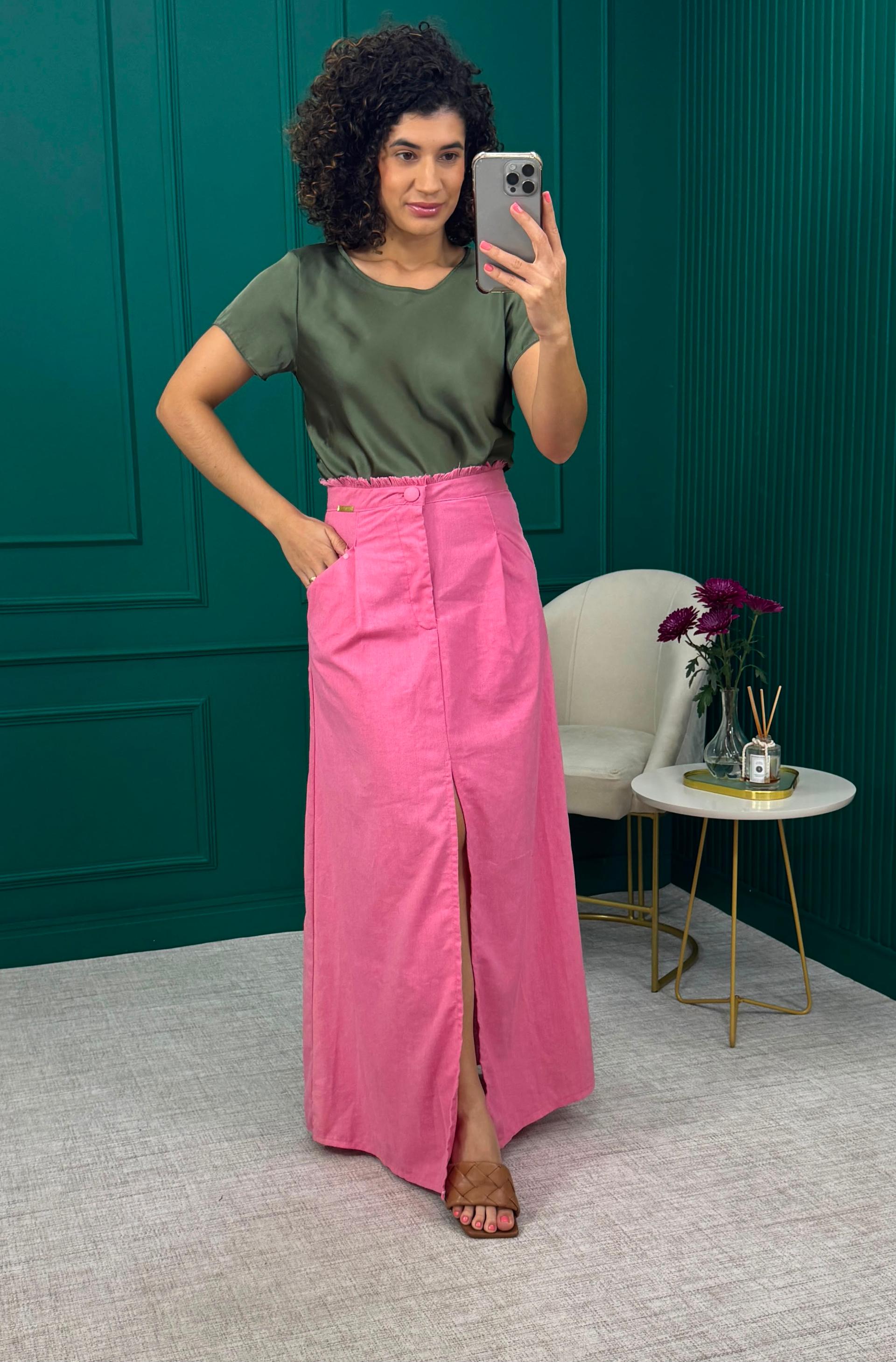 Saia Longa Rosa com Fenda Frontal e Cós Desfiado - KETNA Avila