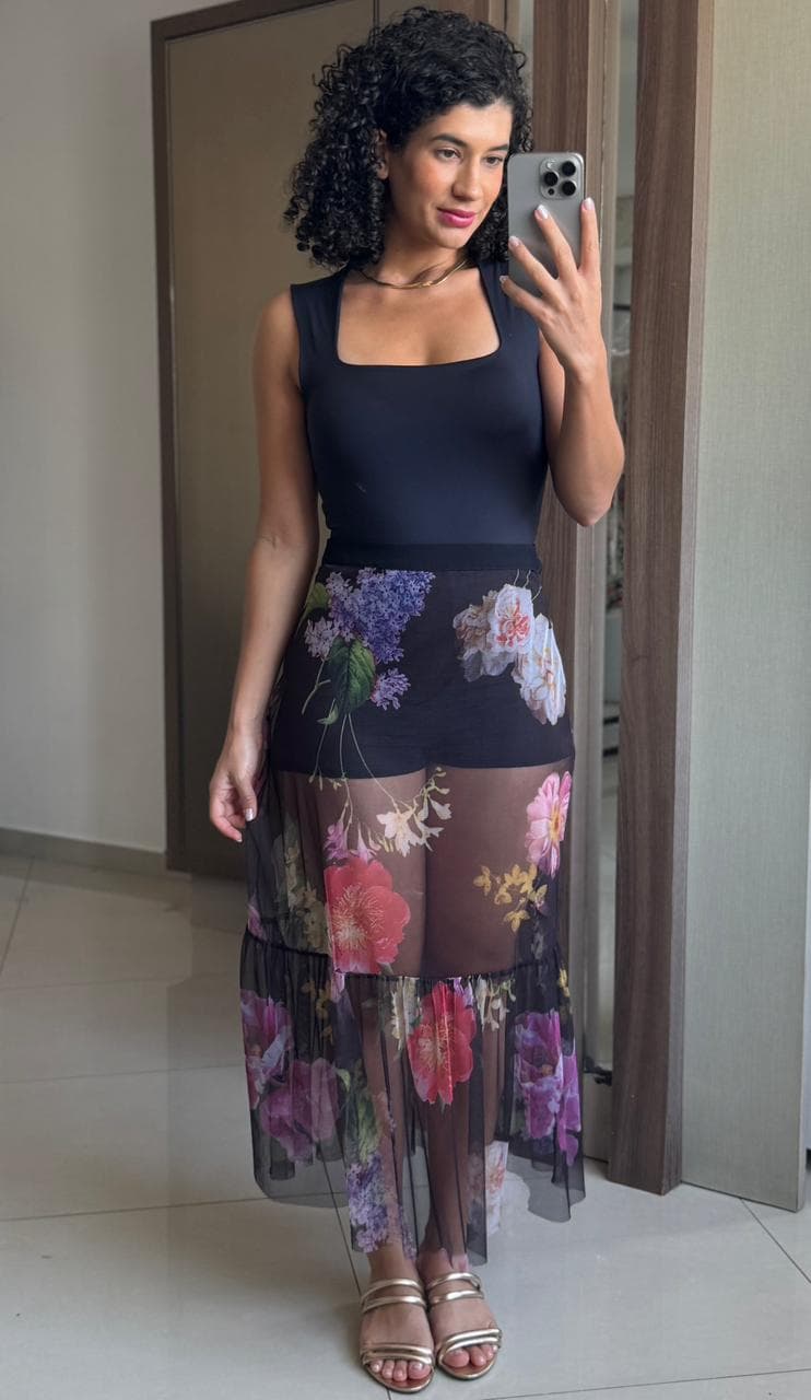Saia midi tule floral com forro e zíper - Colcci