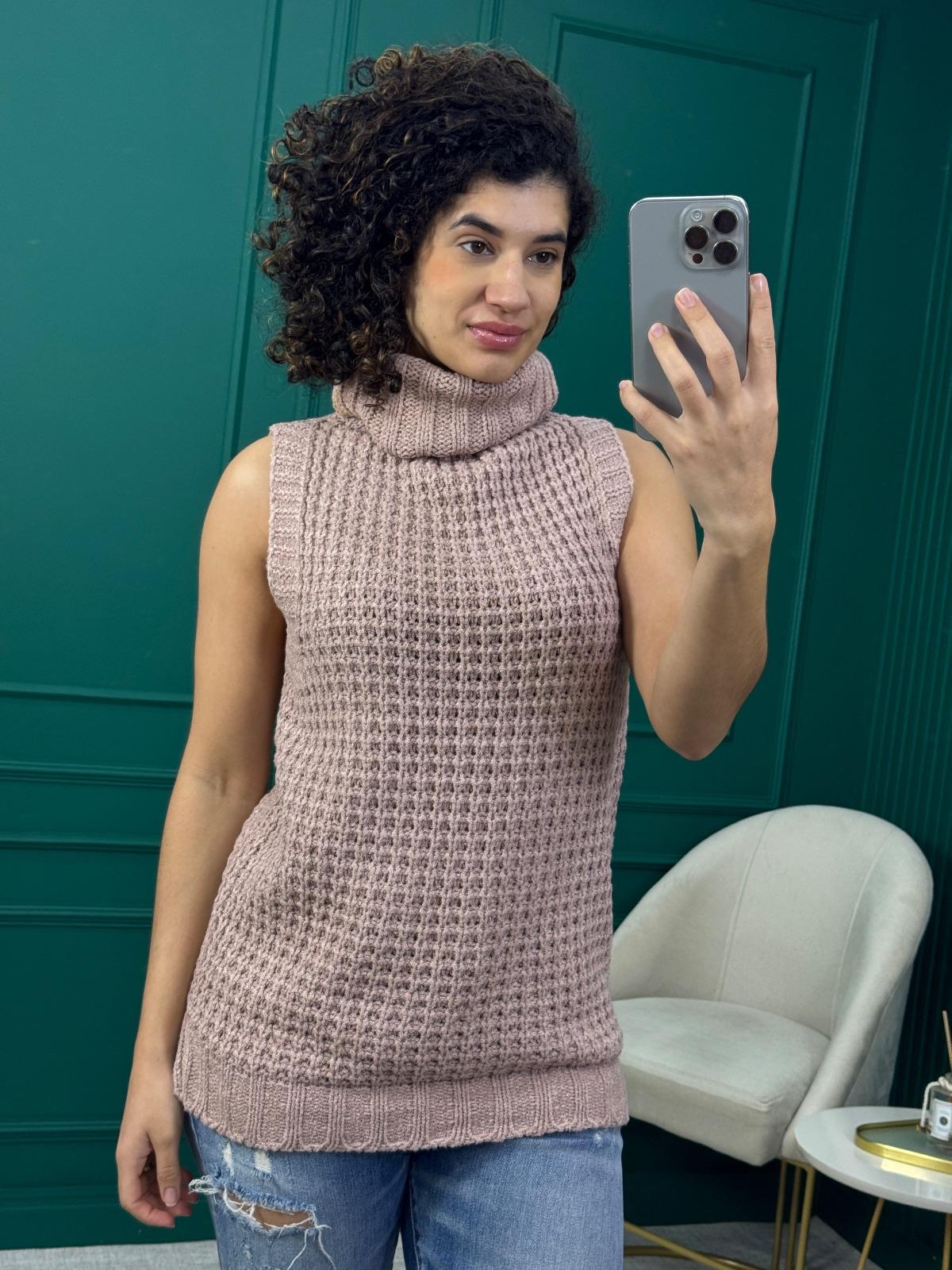 Blusa de Tricô Sem Manga Gola Alta Rosa Antigo - Absolutti