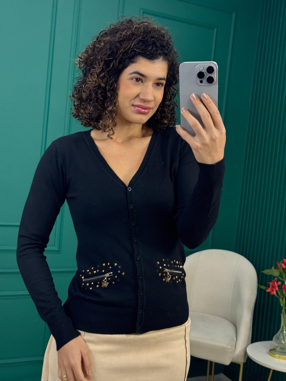 Cardigan de Tricô Preto com strass e Zíperes Decorativos