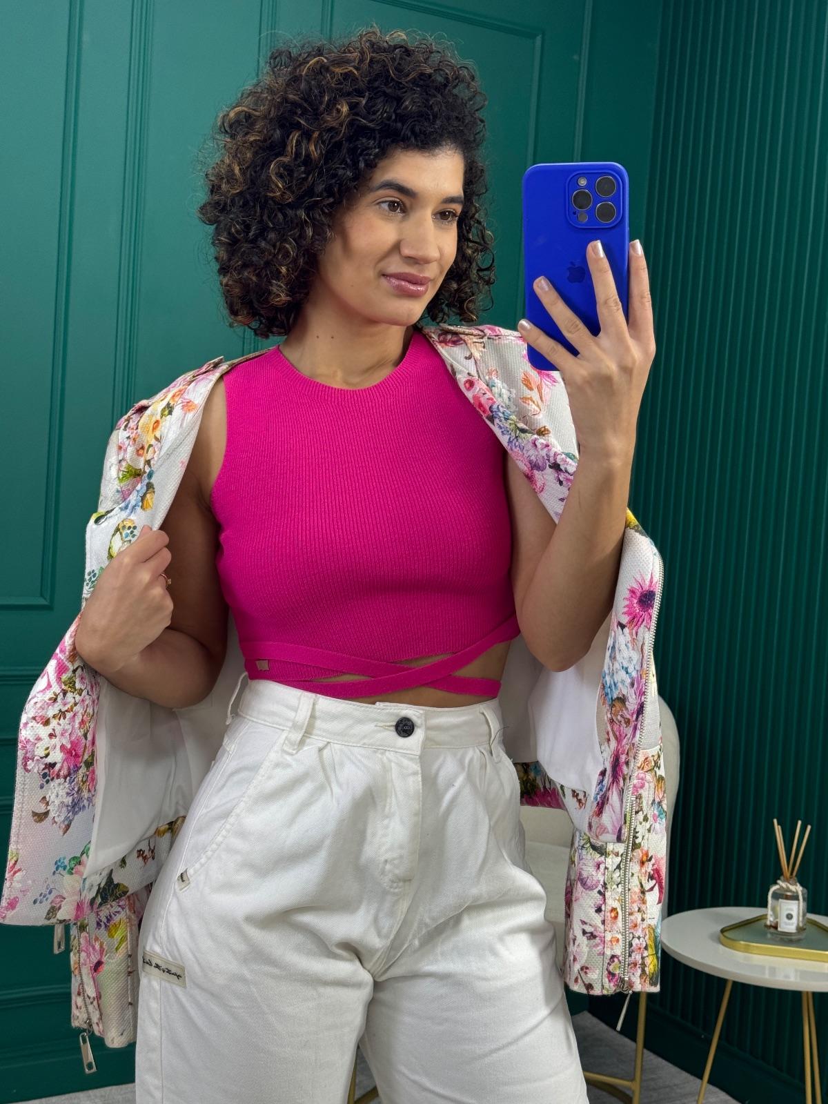 Cropped em Tricô Canelado Rosa Pink com Amarração - Mini moni
