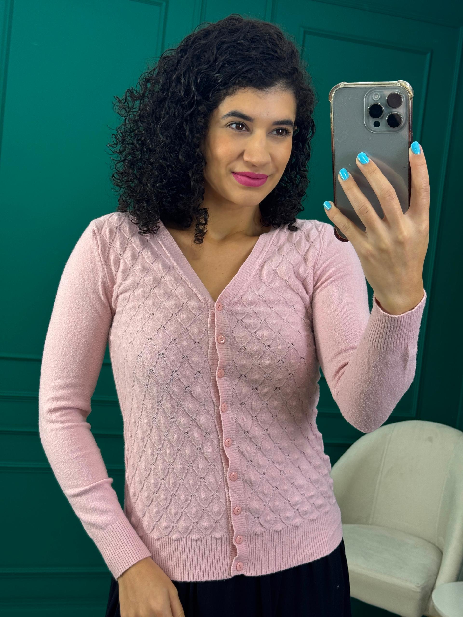 Cardigan de Tricô Modal Rosa - Vermelho Fashion