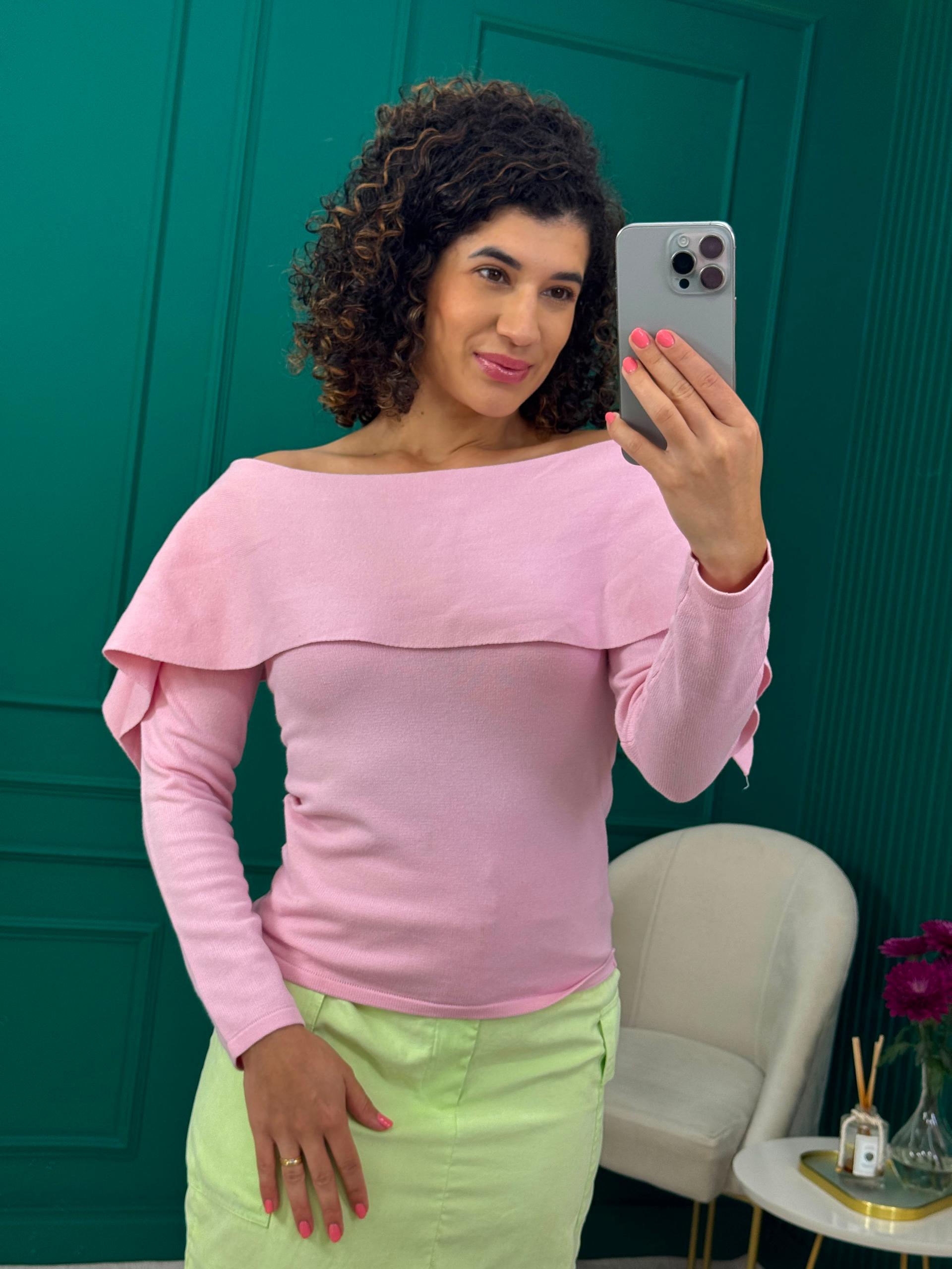 Blusa de Fio Rosa Claro Ombro a Ombro Manga Longa - Patrícia Azz