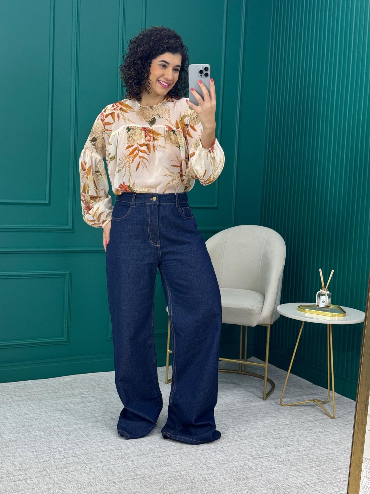 Calça Wide Leg Jeans Azul 100% Algodão - La Chocolê