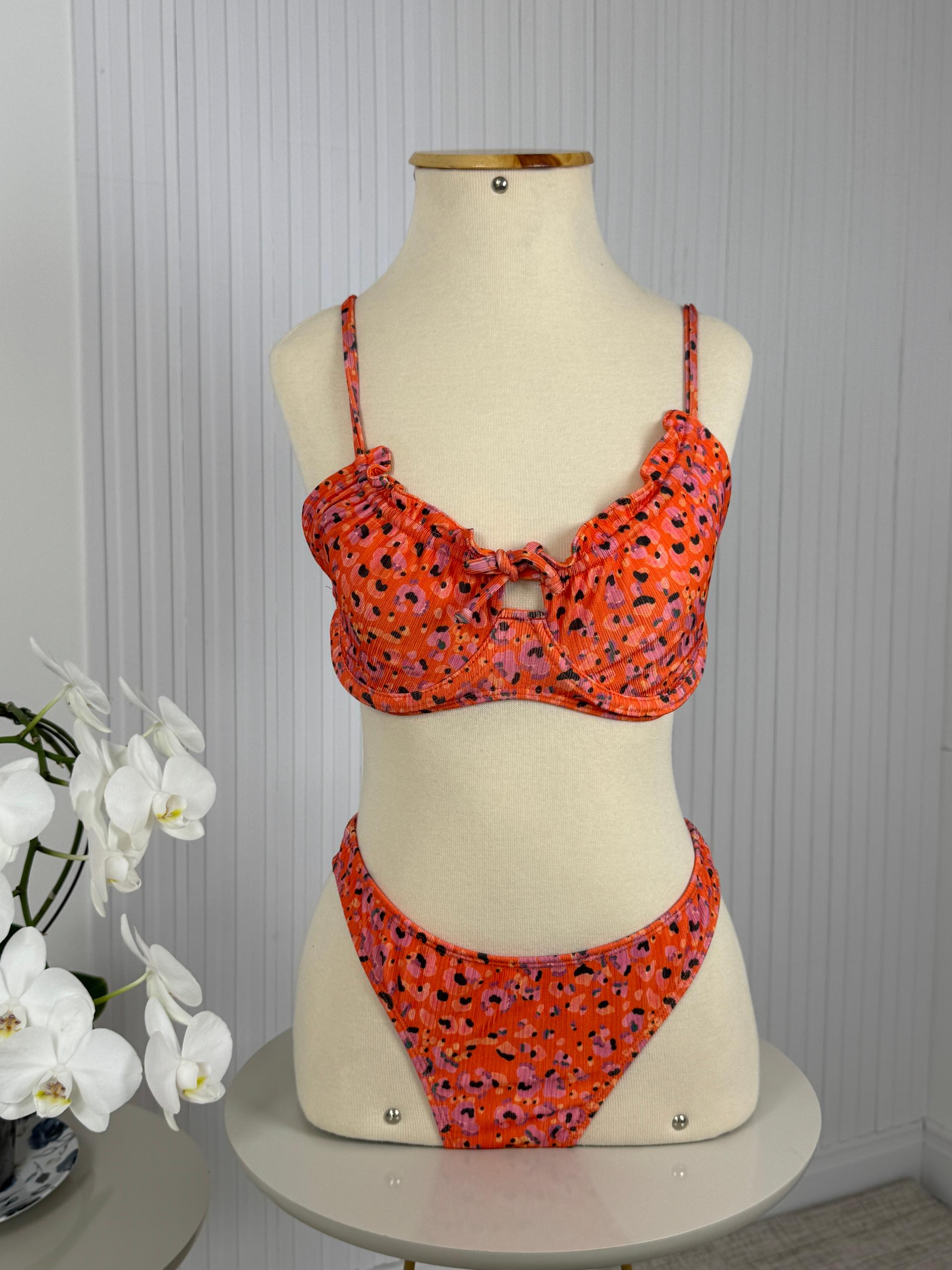 Conjunto Biquíni Laranja Estampa Lavanda - Sílvia Schaefer