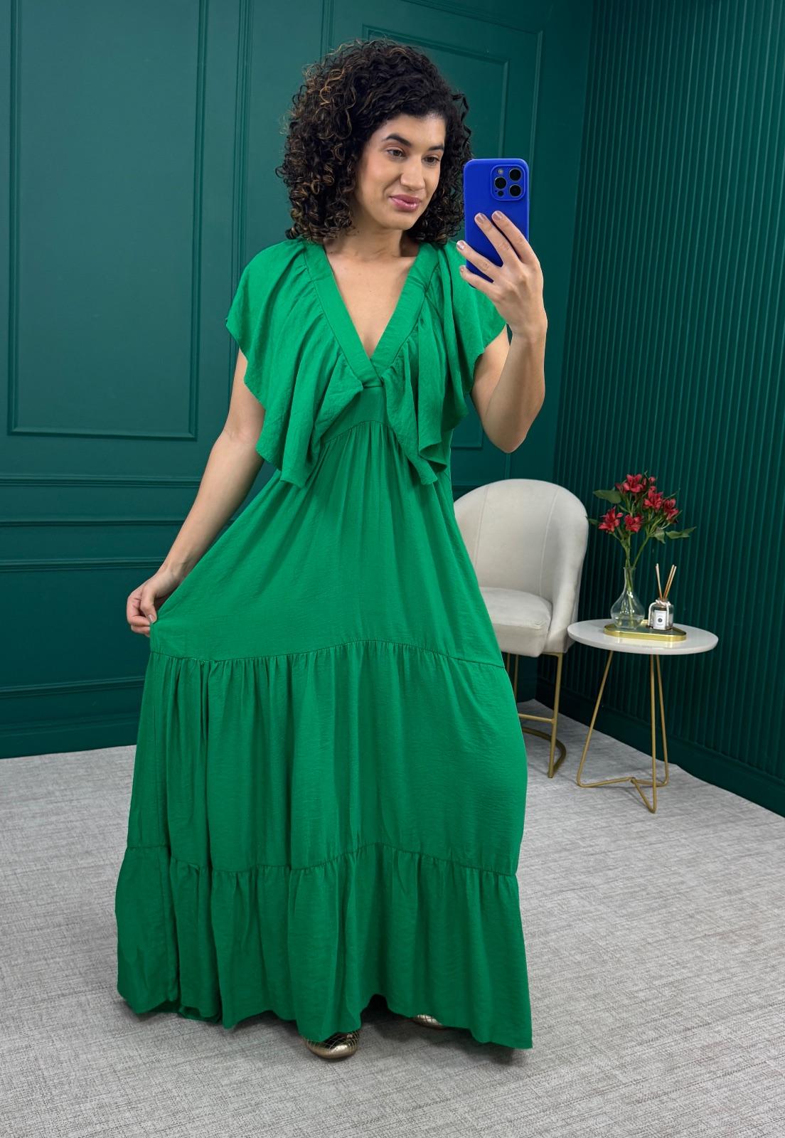Vestido Longo Verde com Babados e Costas Abertas - Antlu's Modas