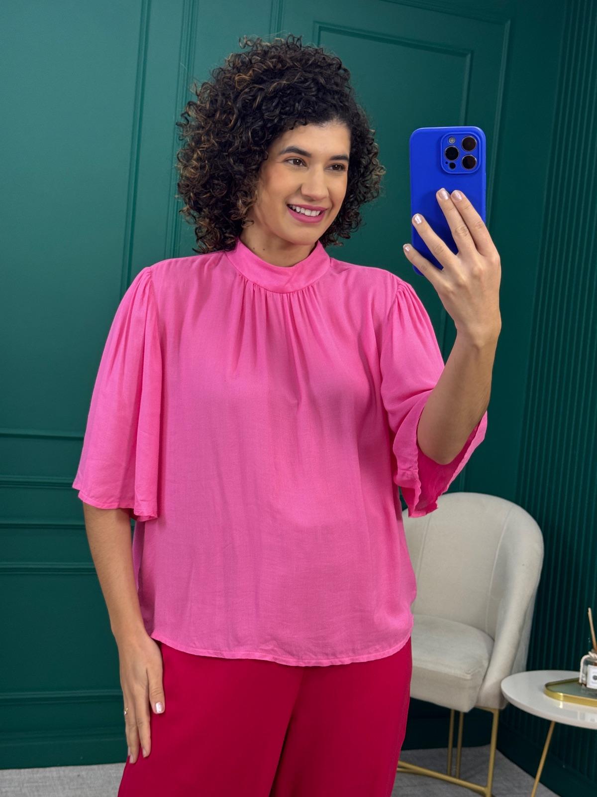 Blusa Rosa Gola Alta Franzida 100% Viscose - Flor de Lis