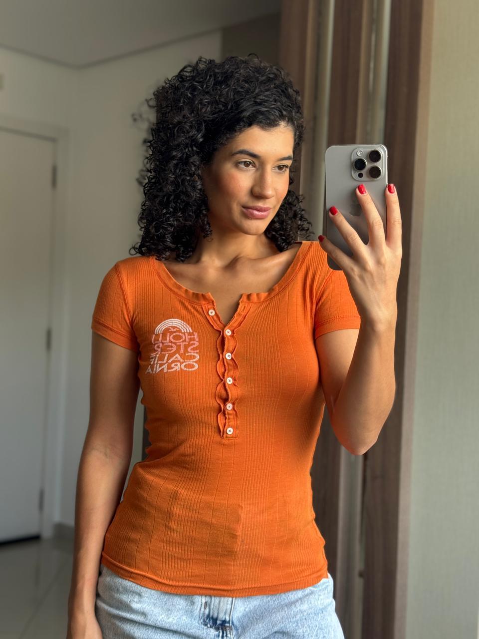 Blusa canelada laranja com botões frontais - Hollister