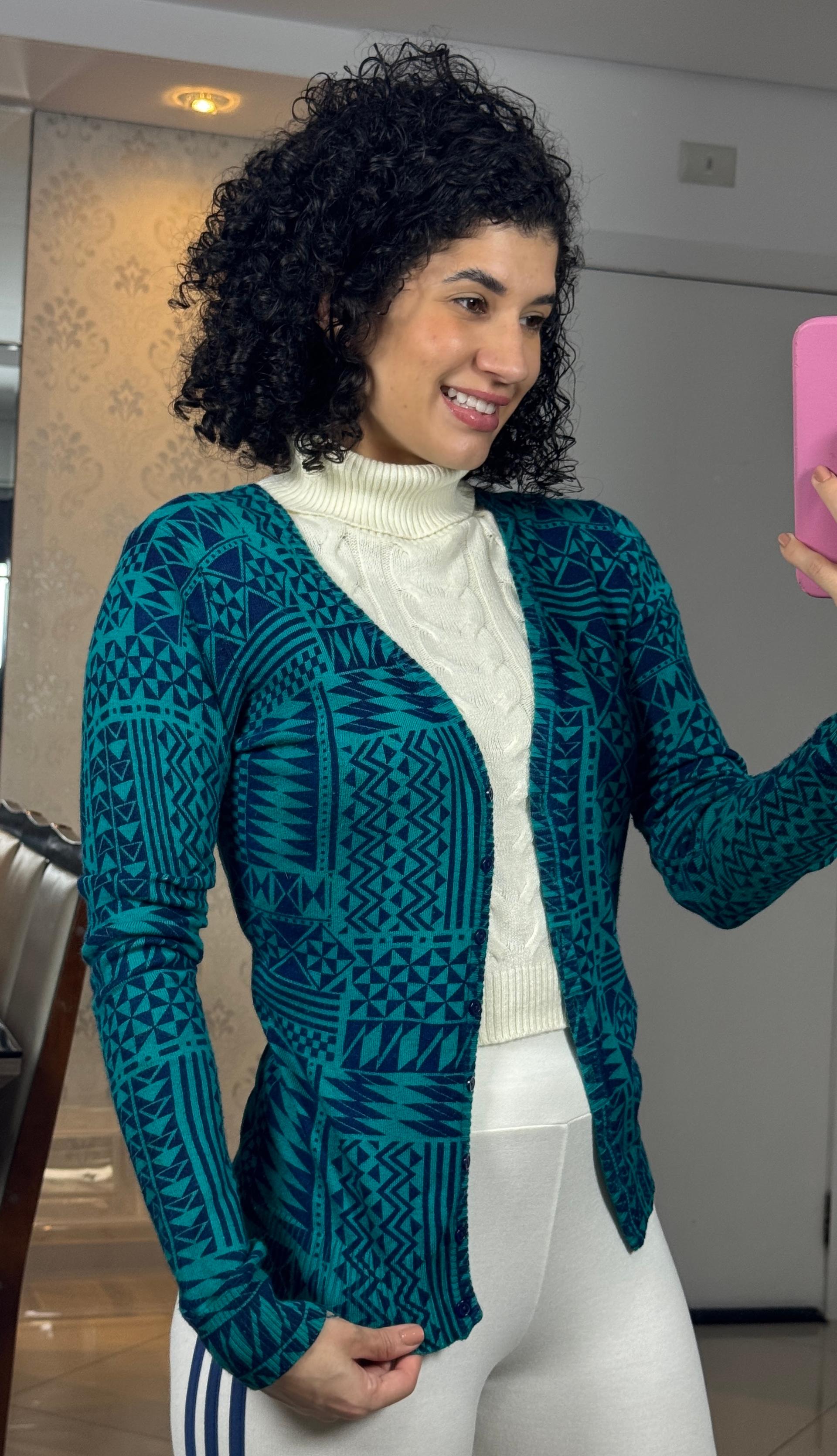 Trico Cardigan Estampado Azul