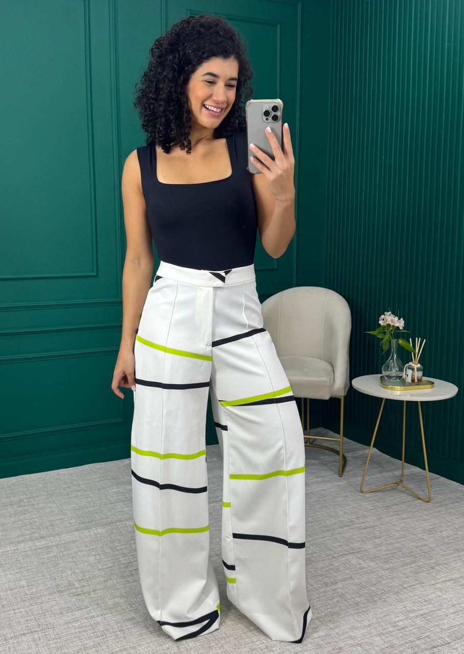 Calça Pantalona Alfaiataria Branca com Listras Lima e Preto com Friso - Vide Bula