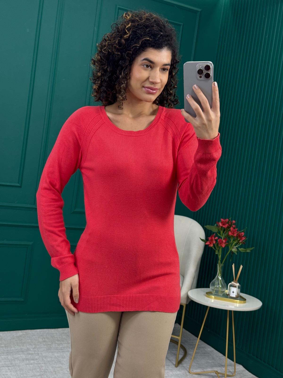 Blusa de Tricô Alongada Vermelha com Manga Longa - Cantão