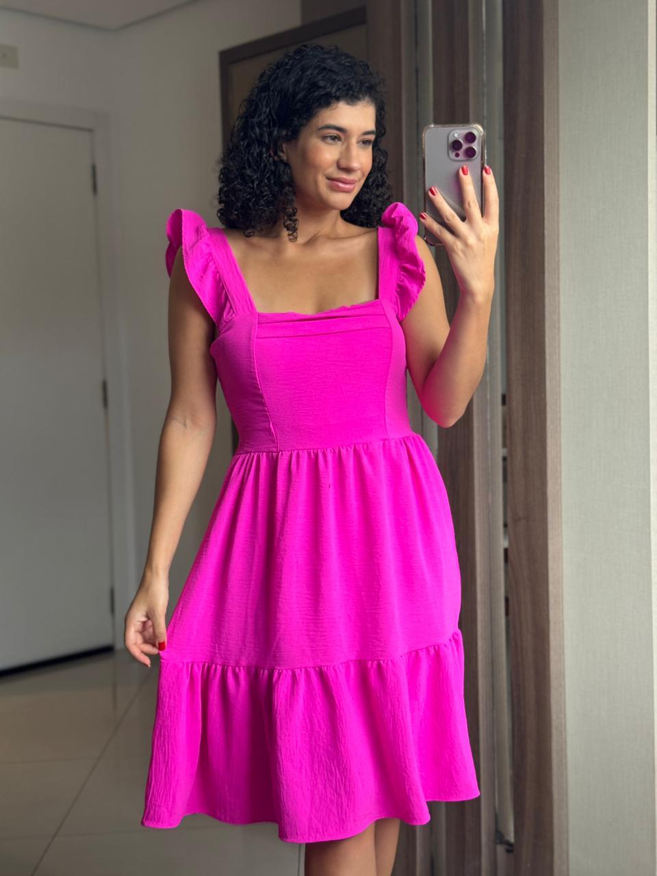 Vestido Rosa Pink em Crepe Duna com Bojo e Lastex