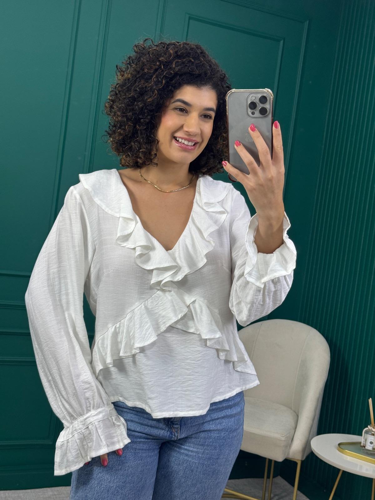 Blusa Manga Longa Off White com Babados - Mini Moni