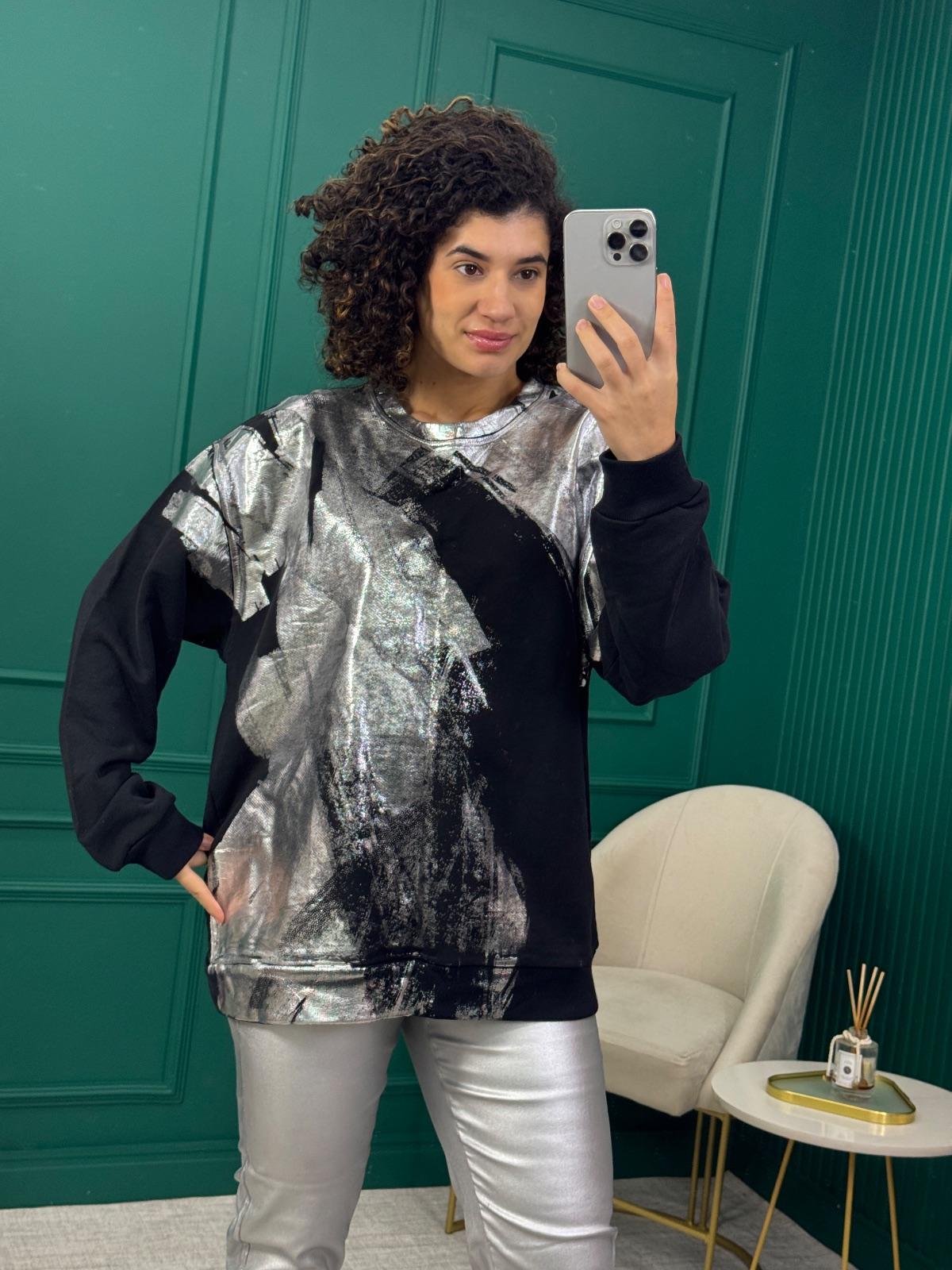 Moletom Preto e Prata Metalizado com Estampa Abstrata - Zara