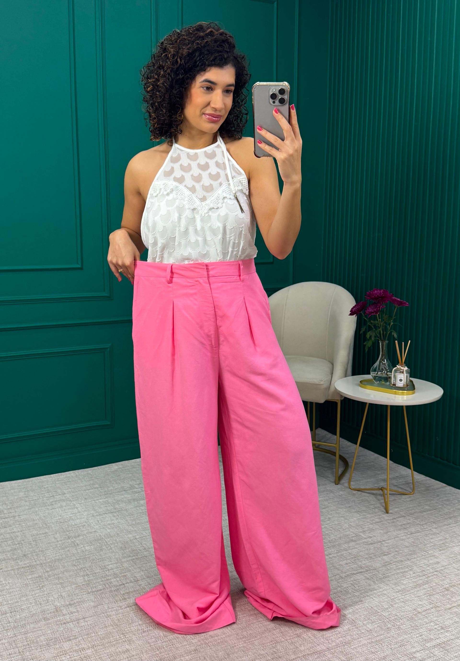 Calça Pantalona Rosa em Viscolinho Alfaiataria com Fechamento Interno - Colcci