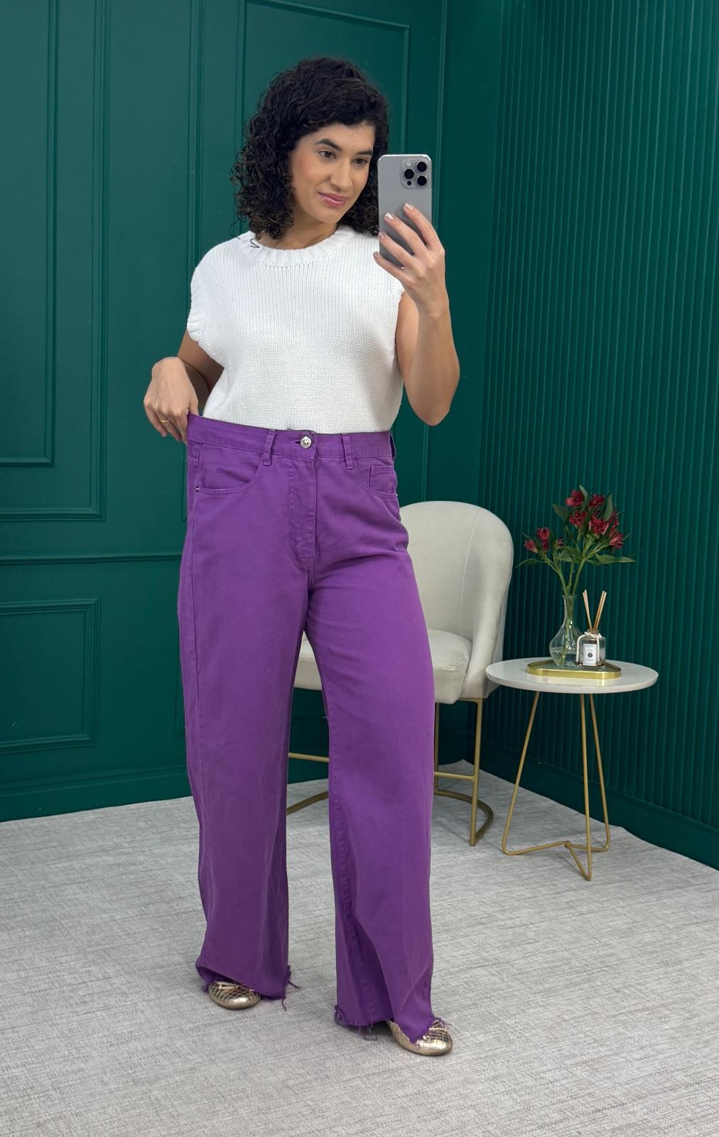 Calça Wide Leg  Roxa 100% Algodão com Bolsos - Chuá