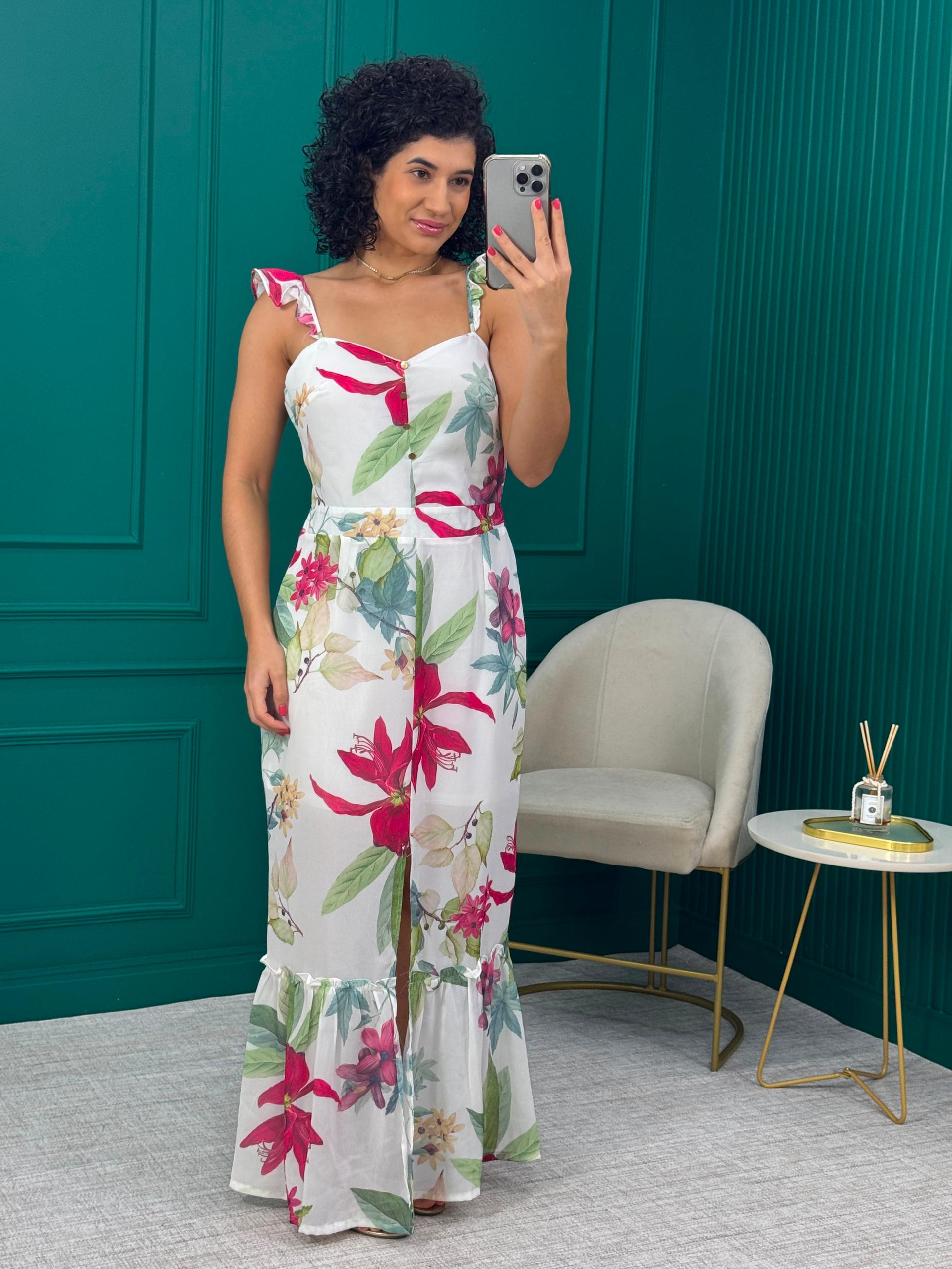 Vestido Longo Floral em Chiffon com Fenda