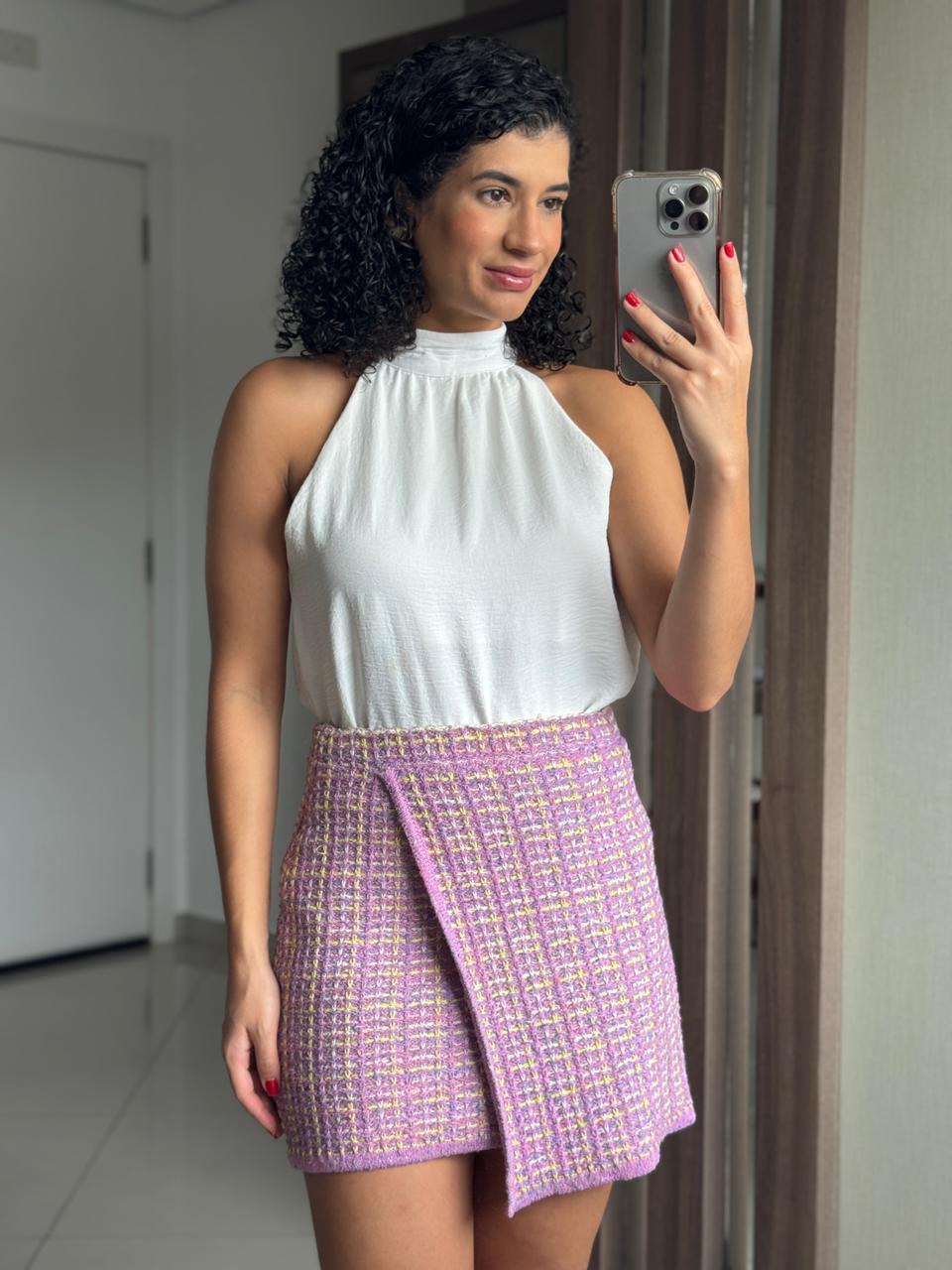 Saia de Tricot Estilo Tweed com Transpasse Lilás e Amarelo - Zara
