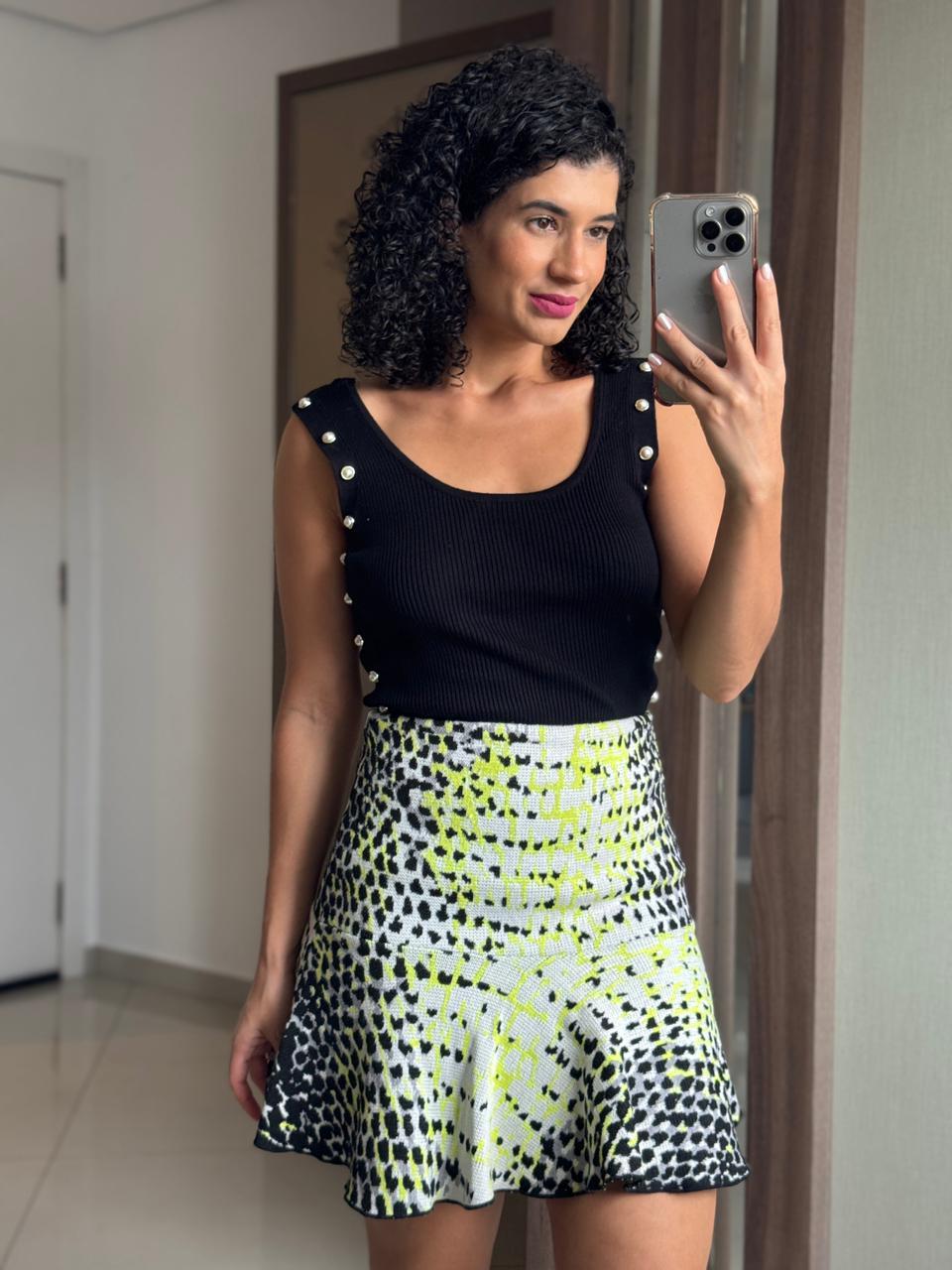 Saia em Tricot com Estampa/Preta, Lima/Branco e com Forro - Le Lis Blanc