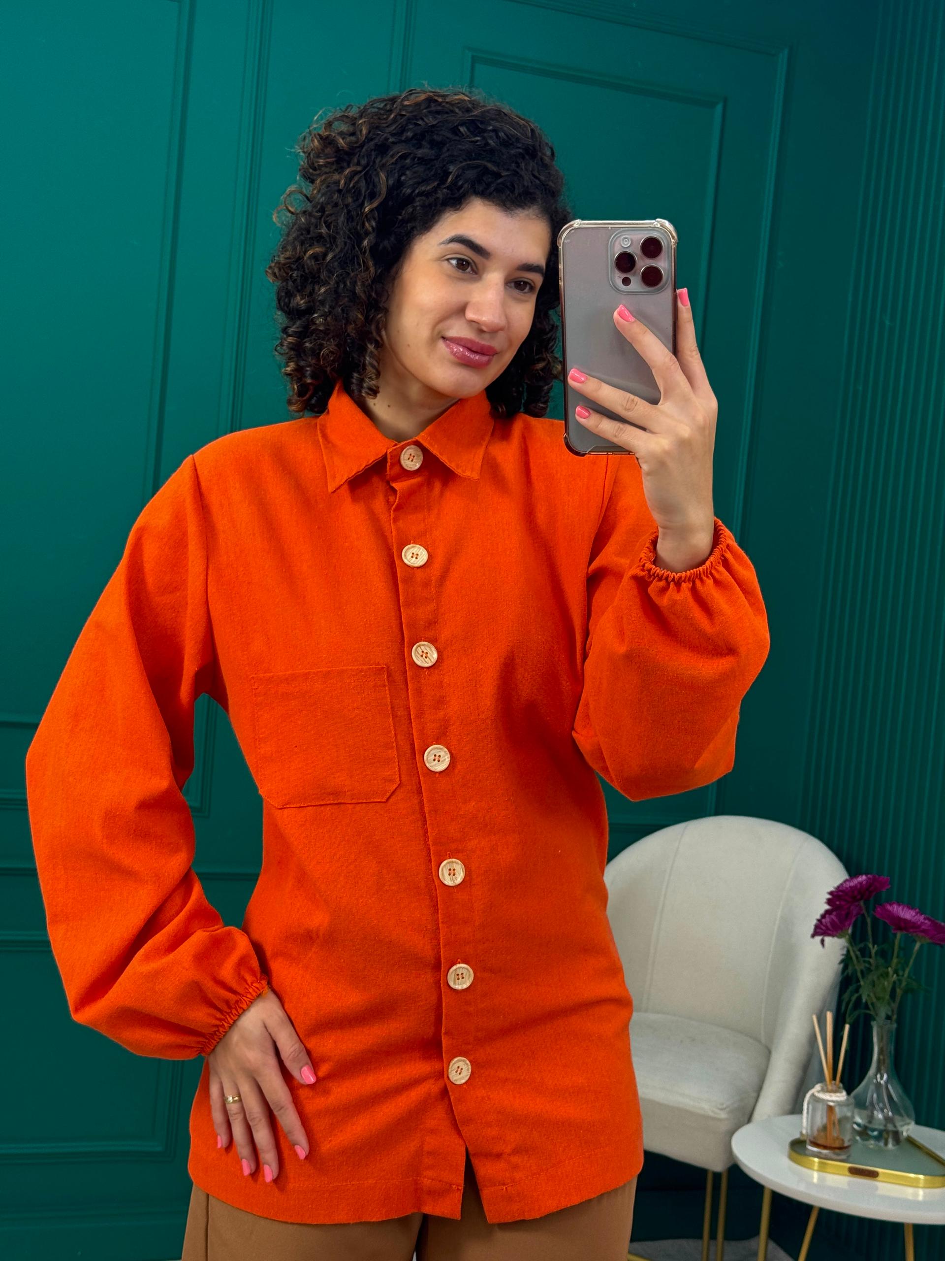 Camisa Alongada Laranja 100% Linho