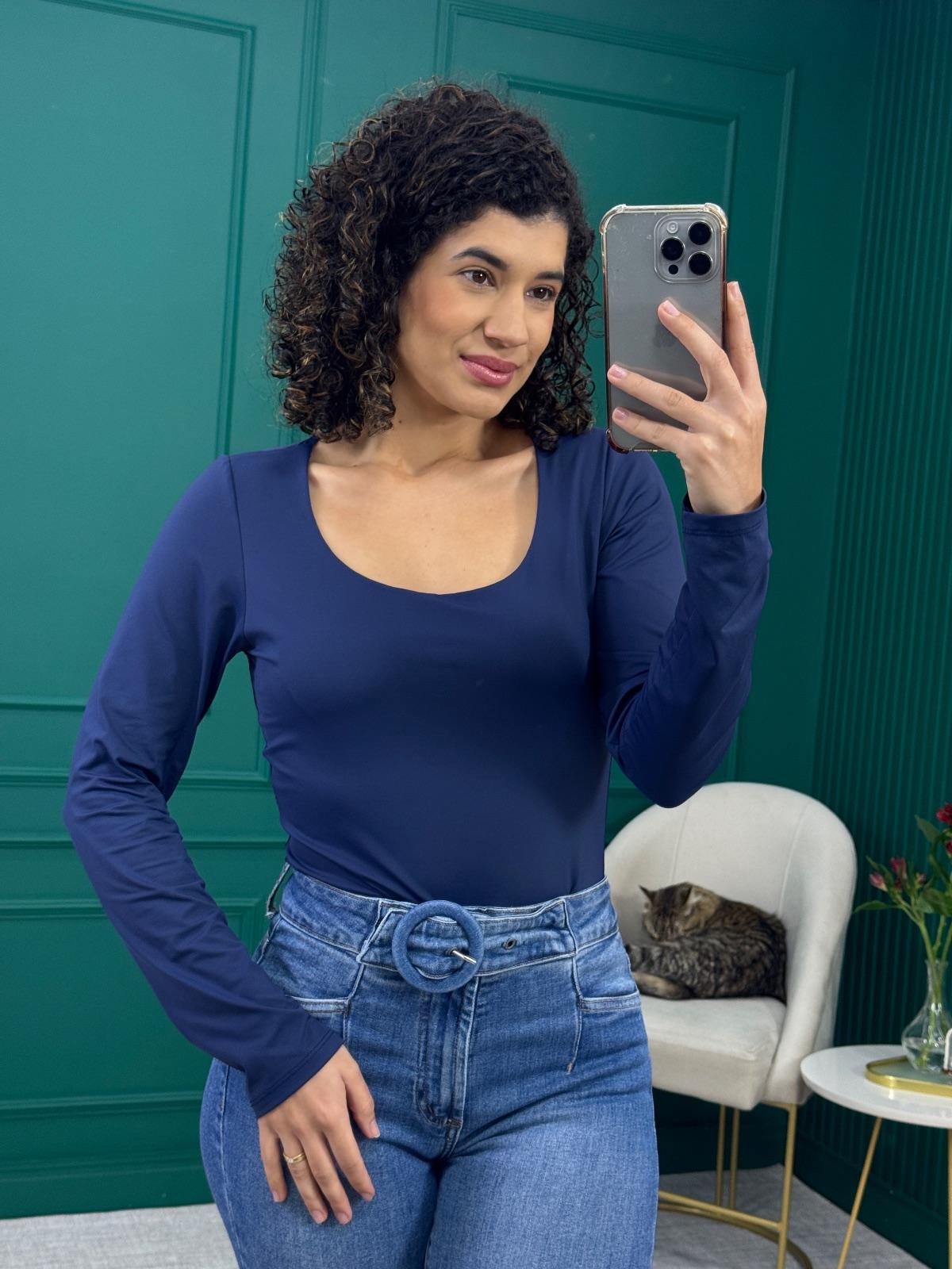 Body Manga Longa Azul Marinho em Poliamida com Decote U - Rocksham