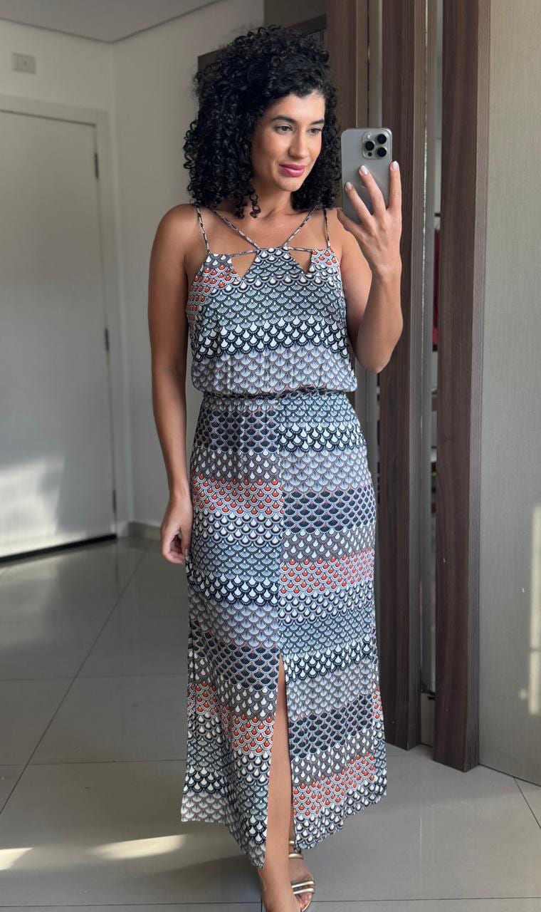 Vestido Midi Estampa Leques Preto/Branco/Laranja com Elástico Fenda e Alças Finas - Colcci