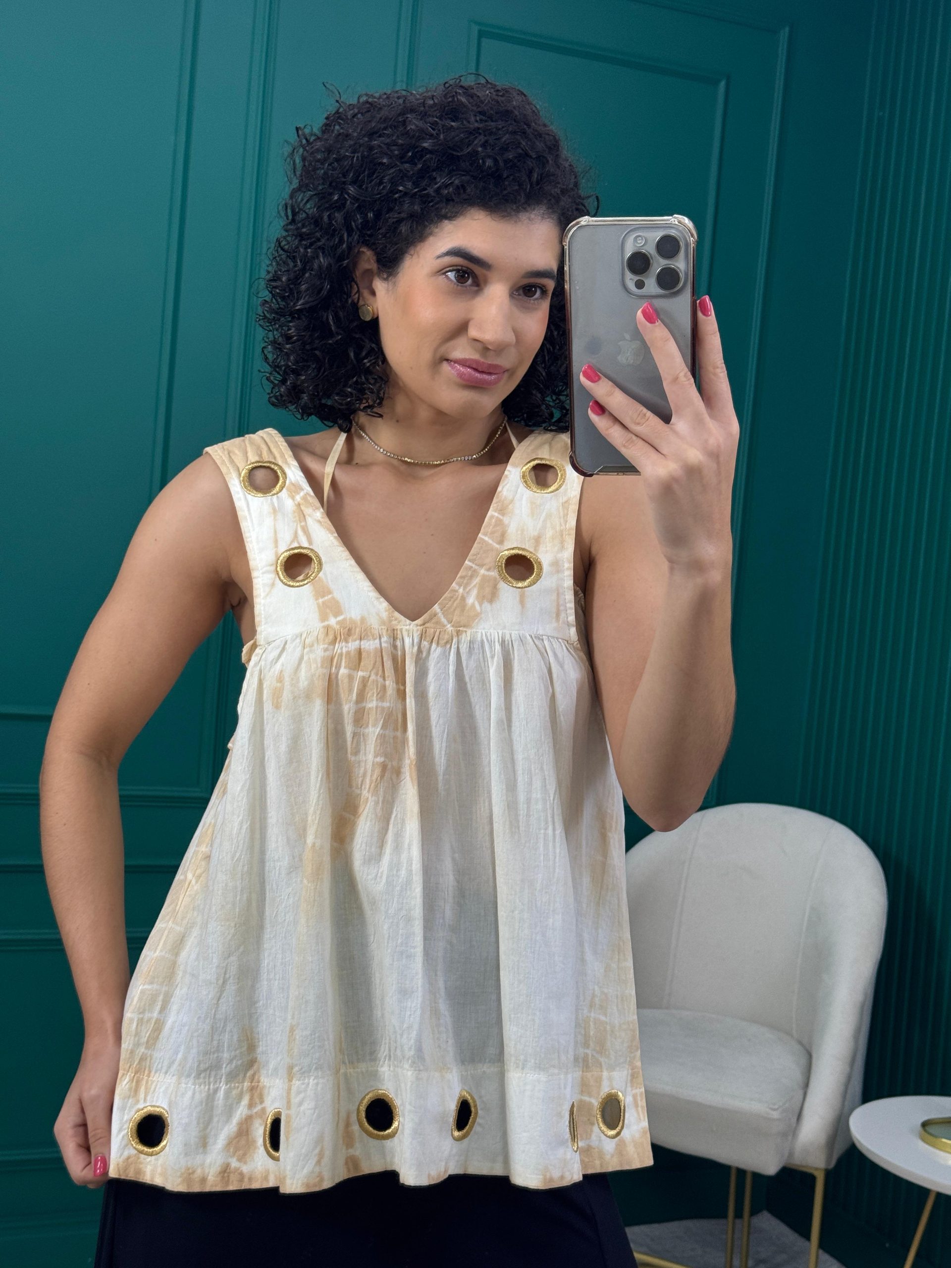 Conjunto Tie-Dye 100% Algodão com Bordados Dourados Regata e Top - Morena Rosa