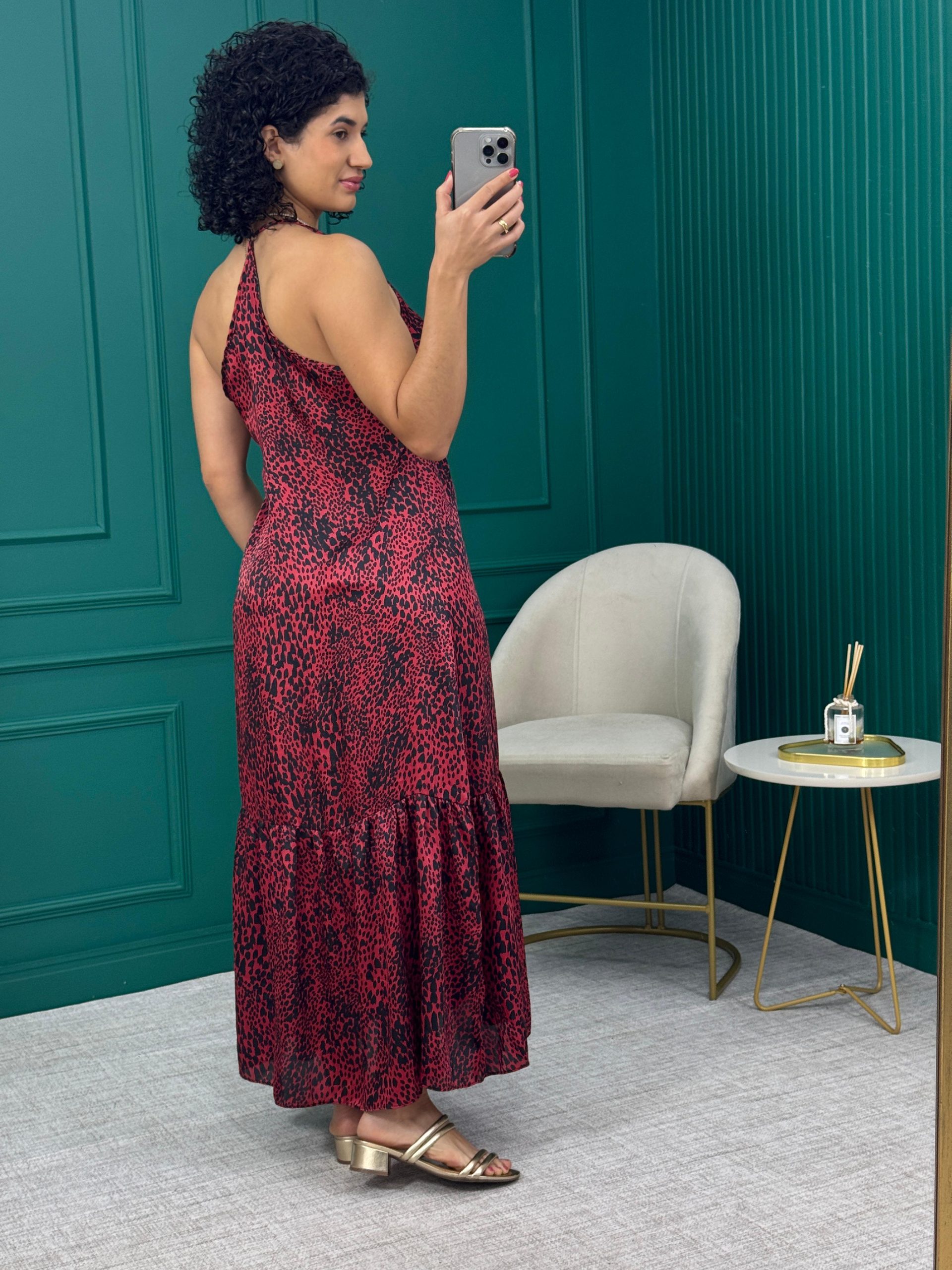 Vestido Midi Acetinado Vermelho Animal Print - Zinzane