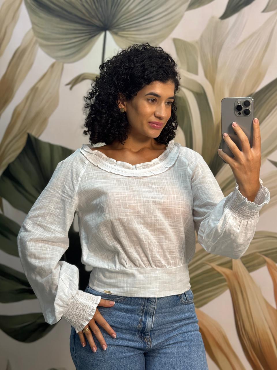 Blusa Branca 100% Algodão com Transparência Lastex e Babado - DIMY