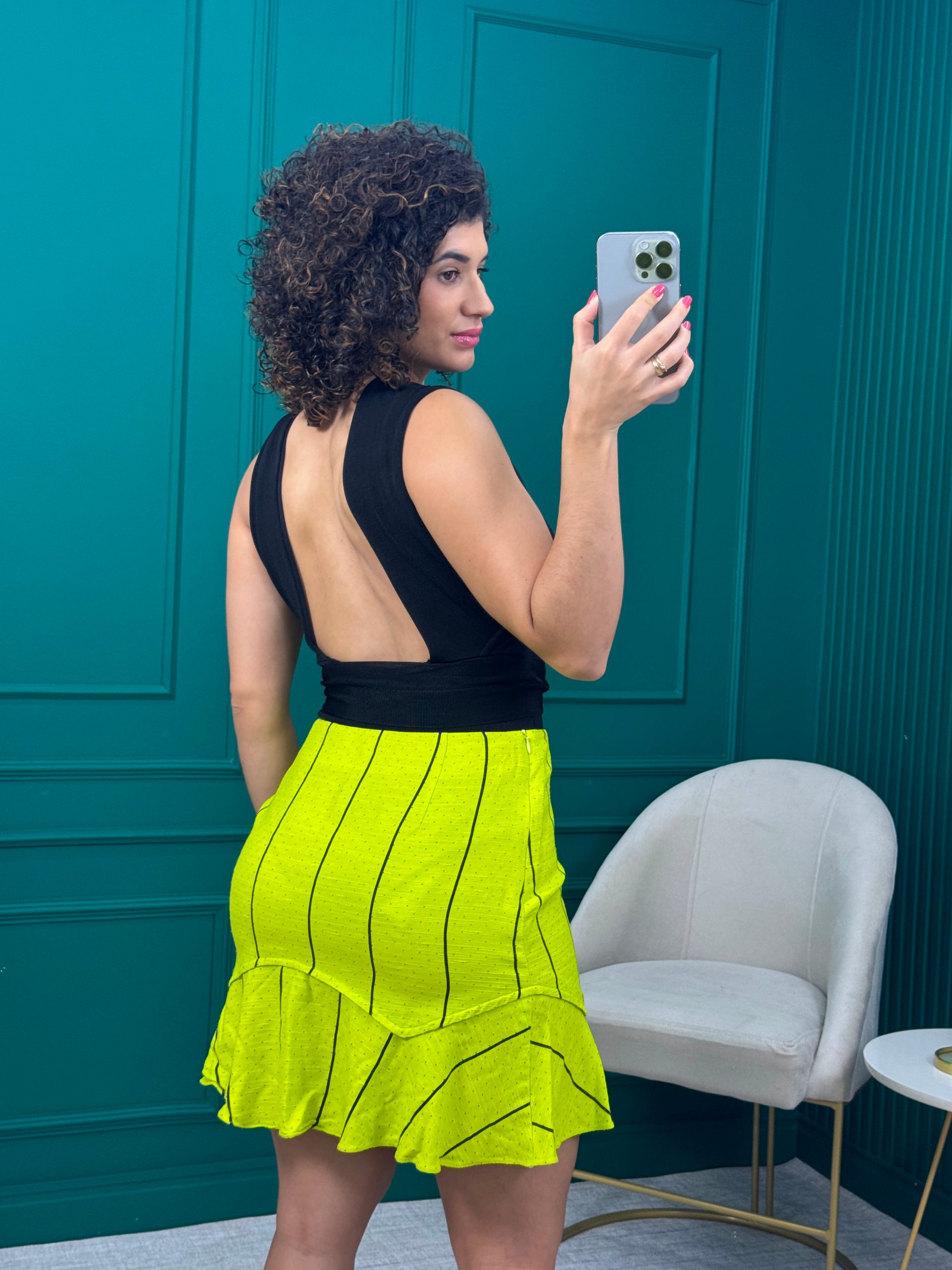 Saia Peplum Verde Lima com Estampa de Poá e Listras - Linda de Morrer