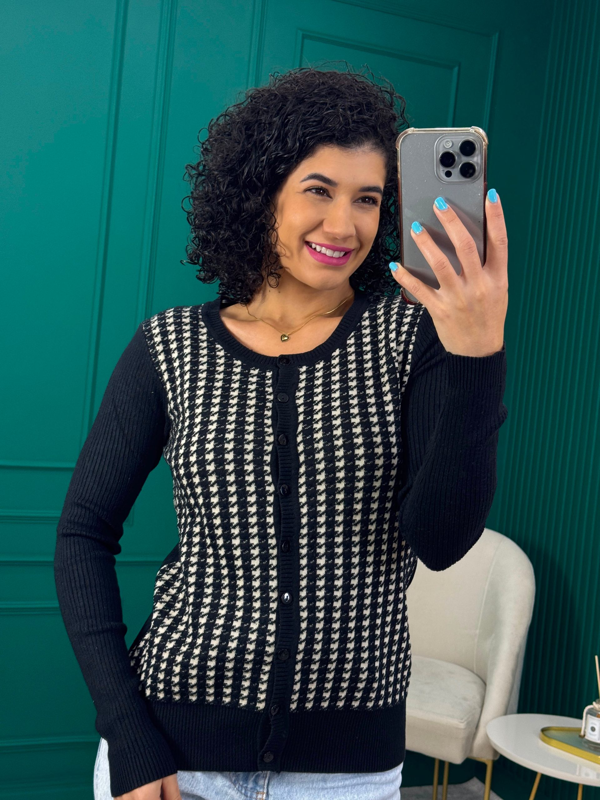 Cardigan de Tricô Xadrez Preto