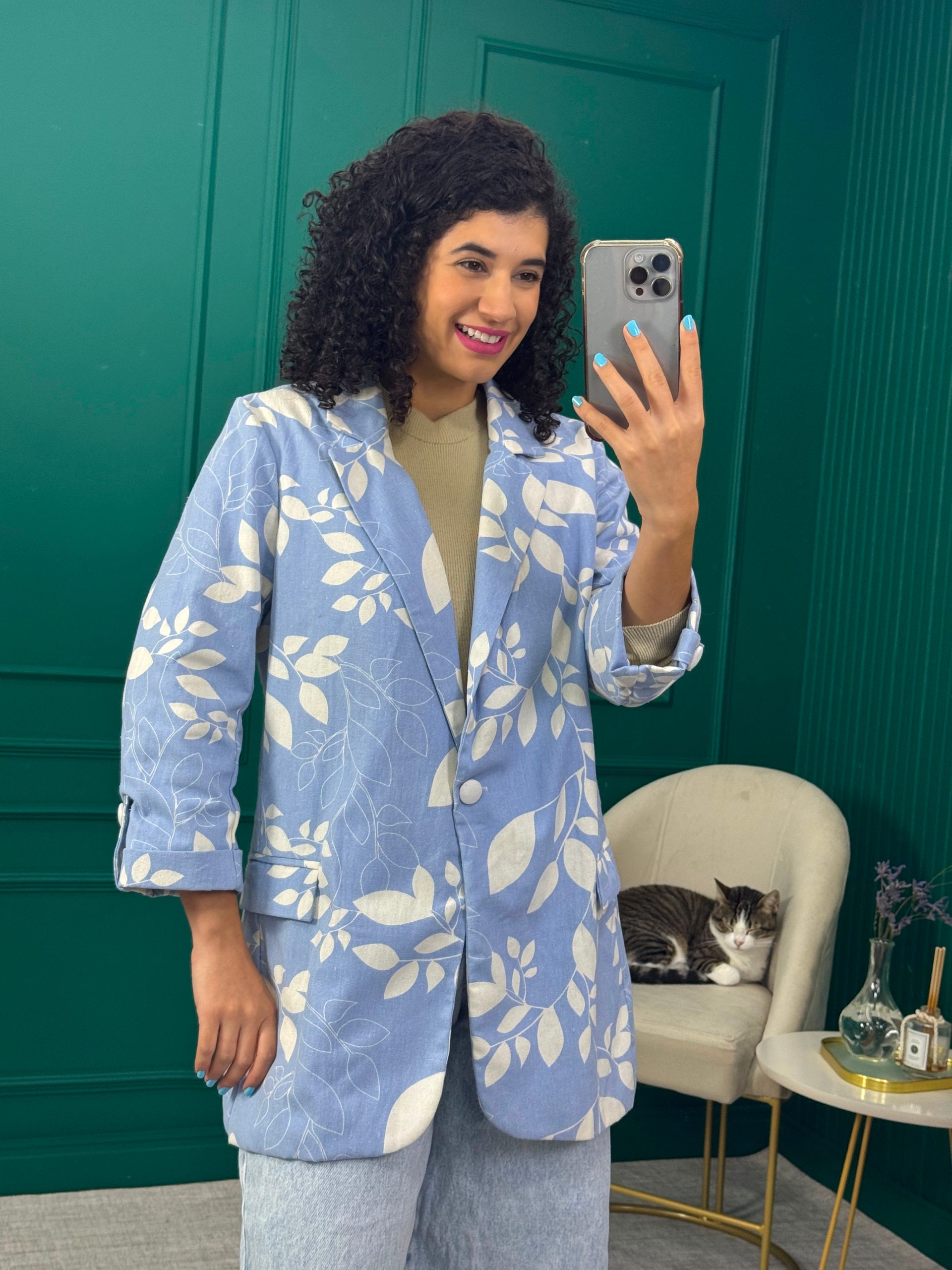 Blazer Alongado Azul claro Floral  em algodão Hadassa