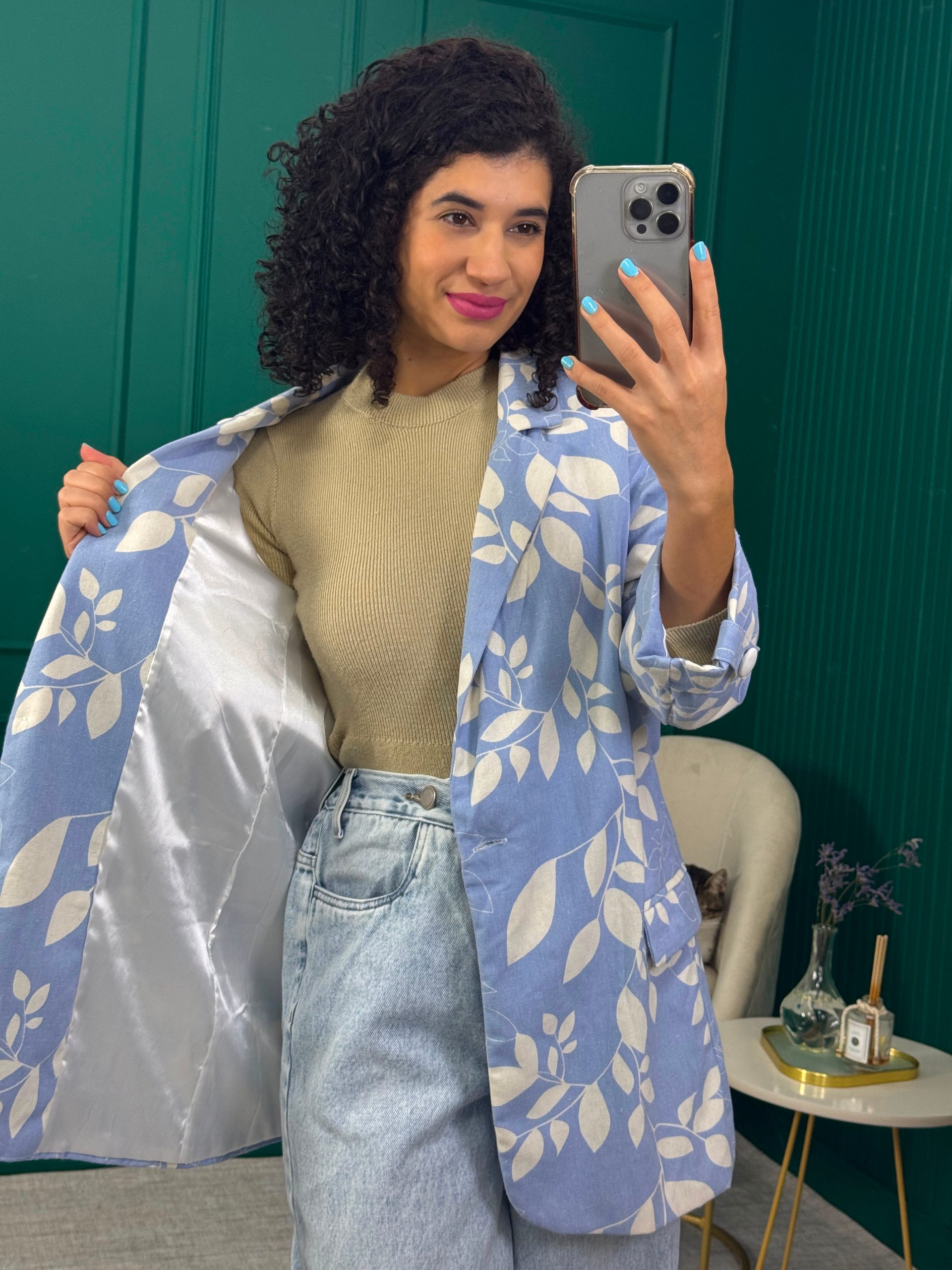 Blazer Alongado Azul claro Floral  em algodão Hadassa
