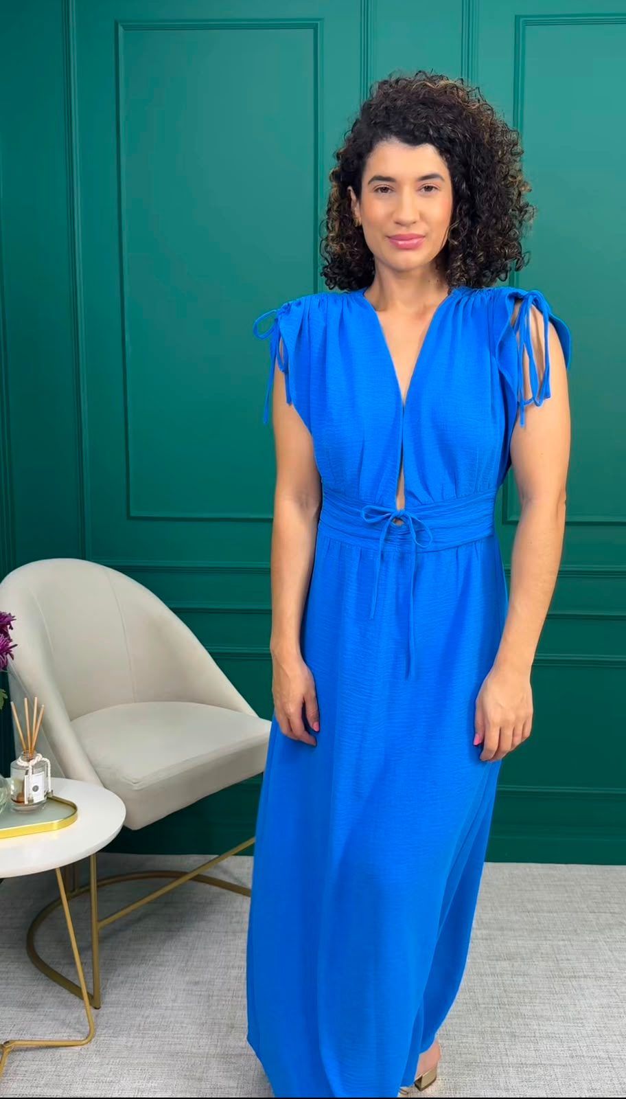Vestido Longo Azul Royal em Crepe com Amarração na Cintura - Chuá