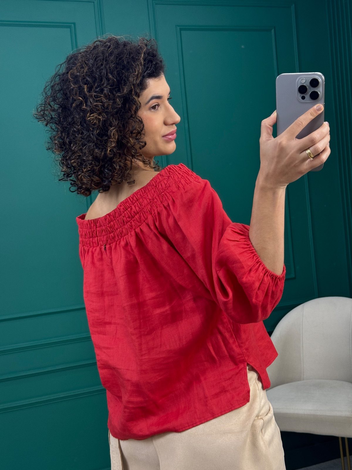 Blusa Ombro a Ombro Terracota 100% Linho com Manga Bufante - Le Lis Blanc