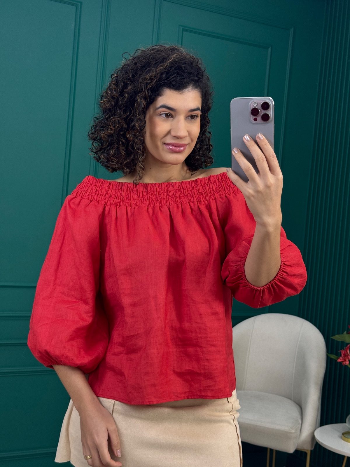 Blusa Ombro a Ombro Terracota 100% Linho com Manga Bufante - Le Lis Blanc