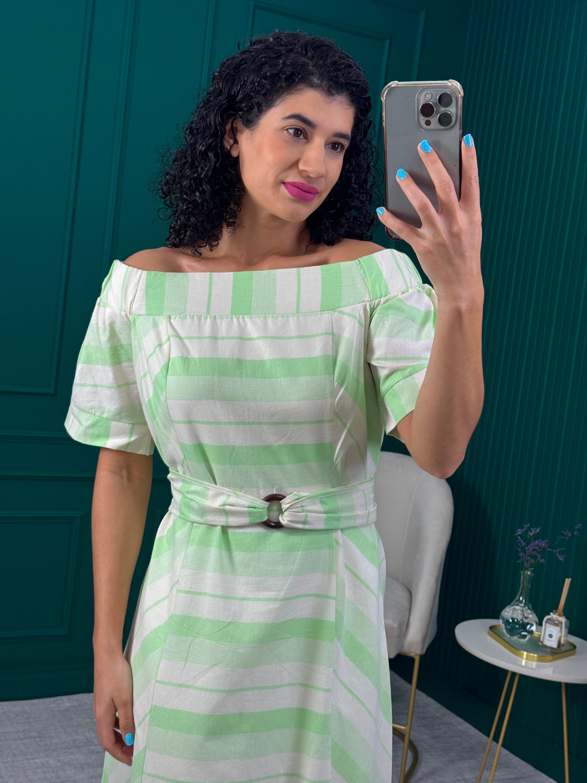 Vestido Midi em algodão com Forro Verde e Bege - Colcci