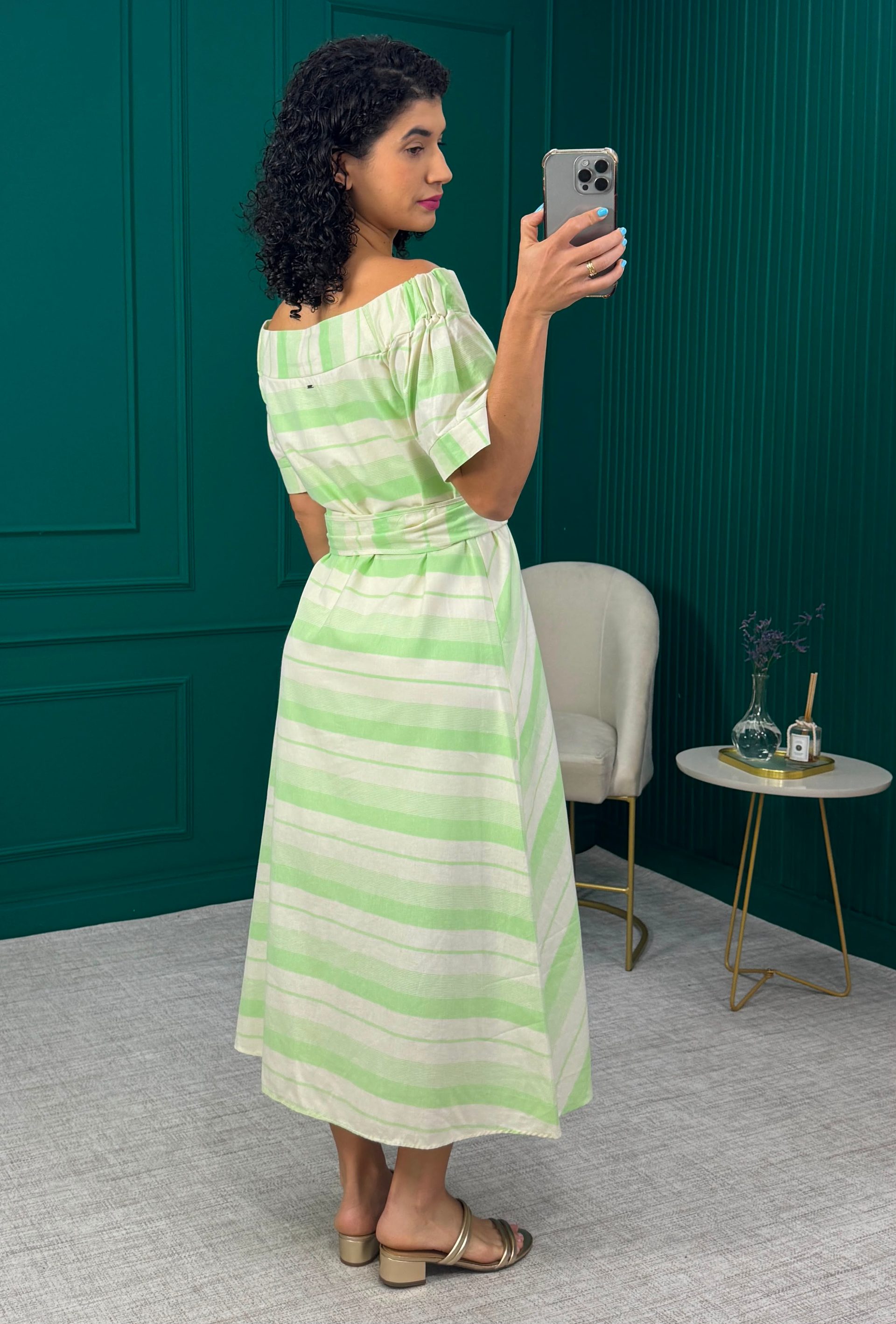 Vestido Midi em algodão com Forro Verde e Bege - Colcci