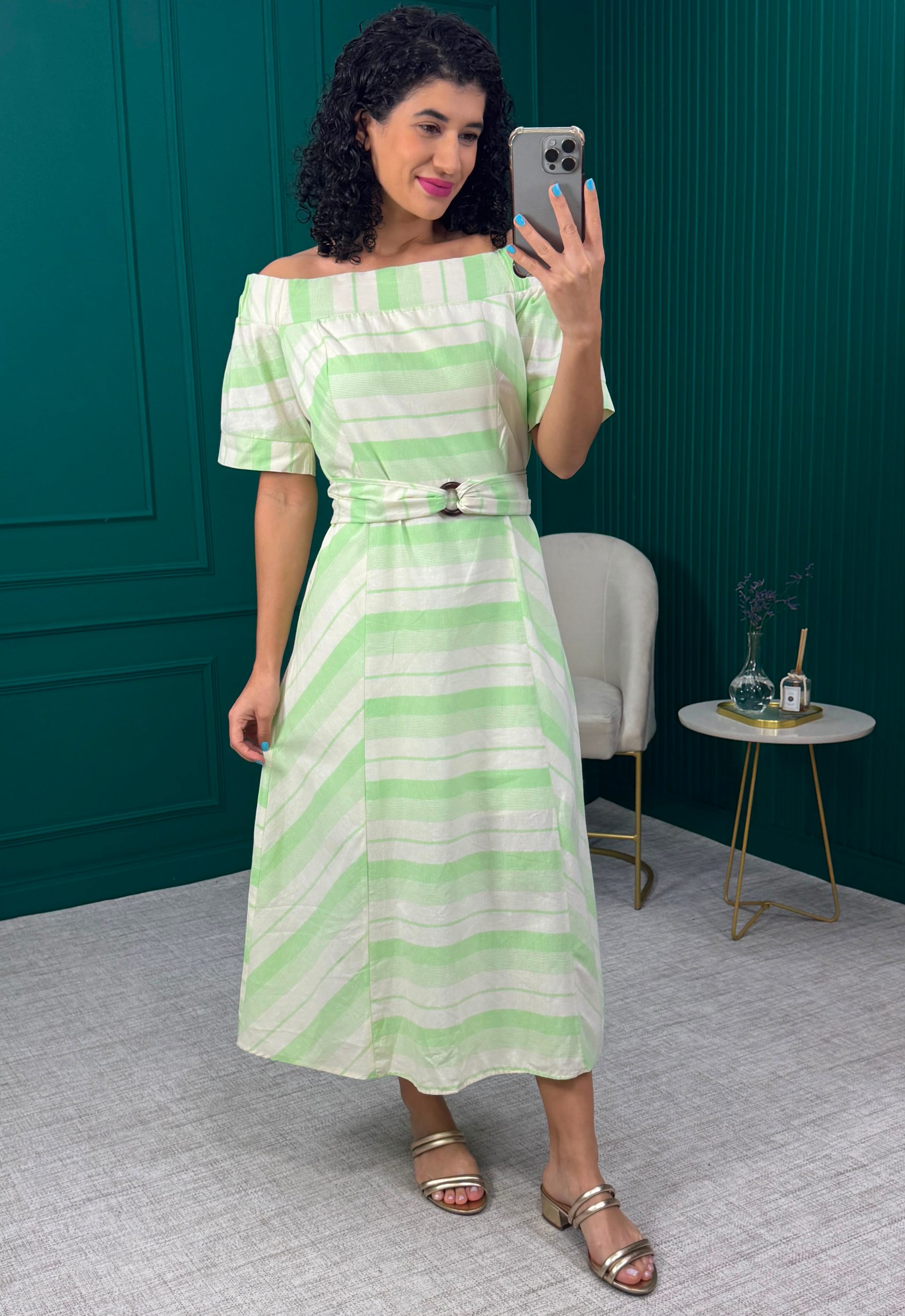 Vestido Midi em algodão com Forro Verde e Bege - Colcci