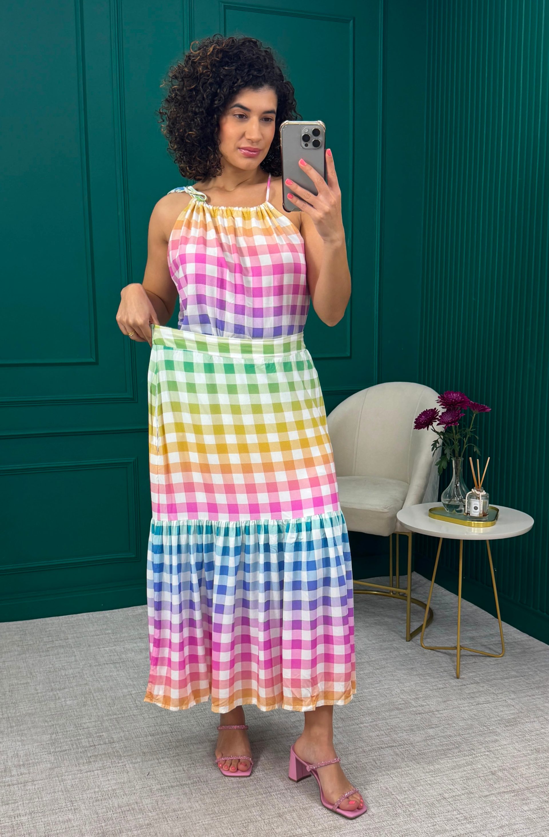 Conjunto de Blusa e Saia em Viscose Xadrez Vichy Multicolor - Linda de Morrer