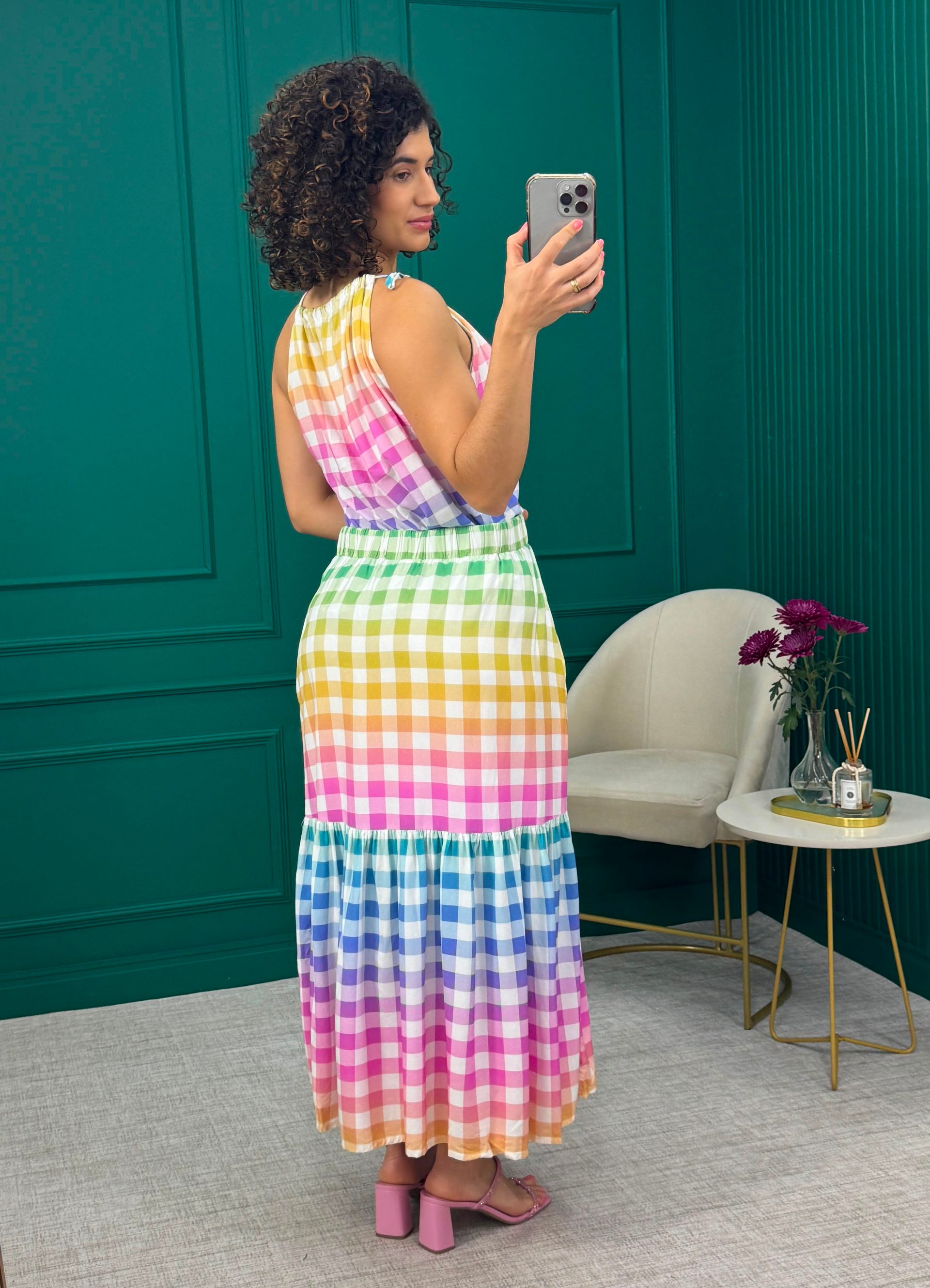 Conjunto de Blusa e Saia em Viscose Xadrez Vichy Multicolor - Linda de Morrer